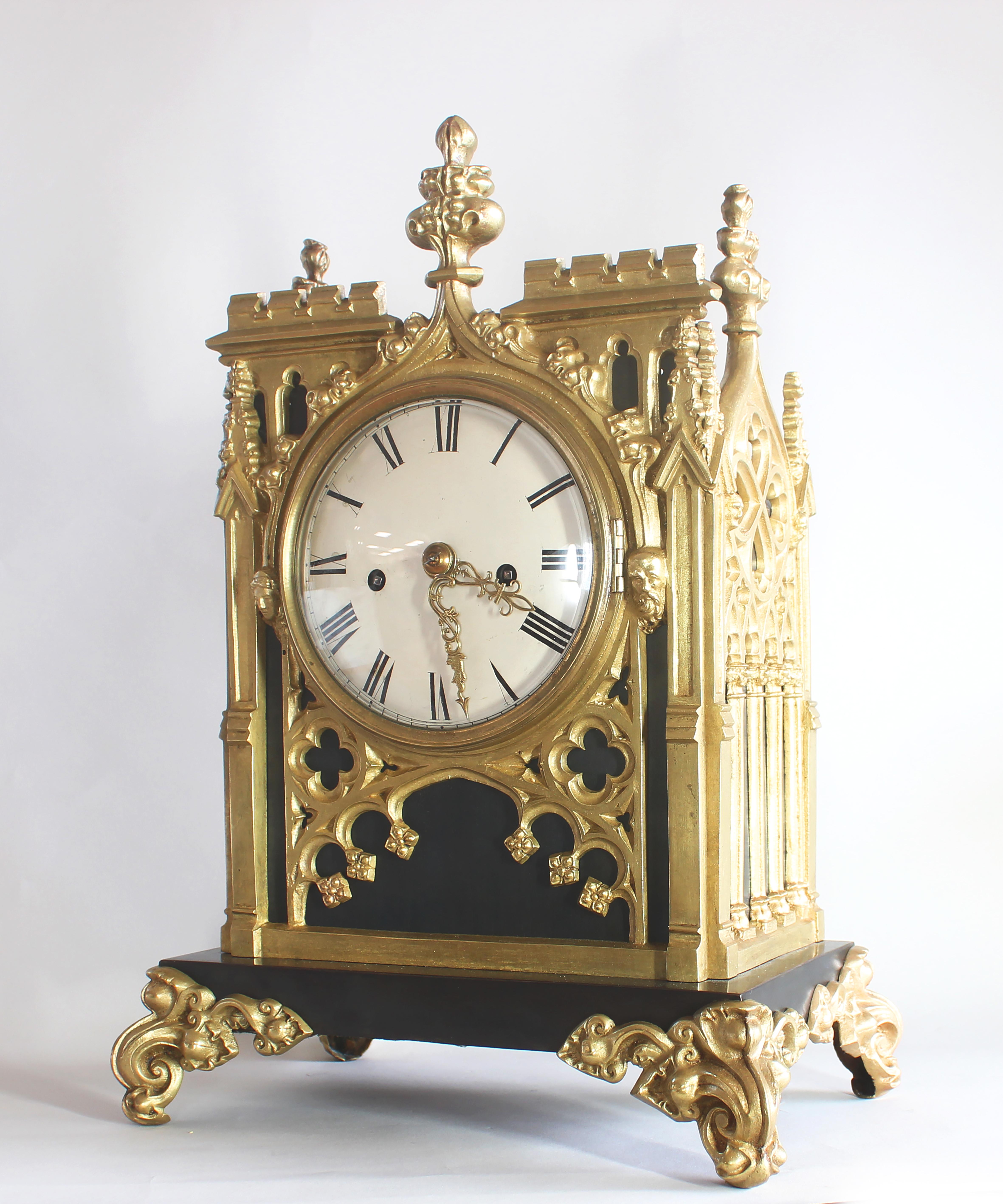 Gothic Revival Gothic Bronze and Brass Mantel Clock For Sale
