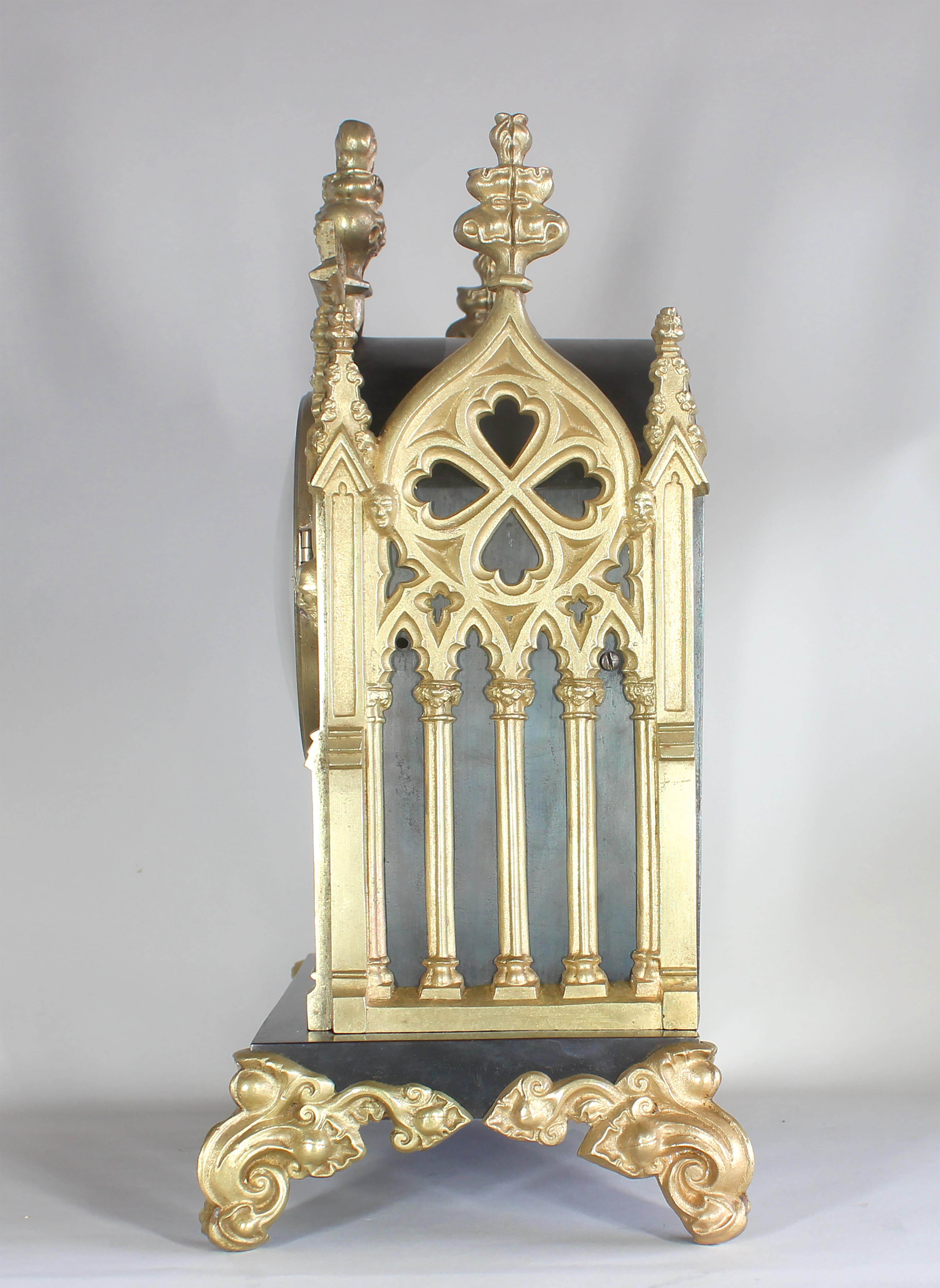 English Gothic Bronze and Brass Mantel Clock For Sale