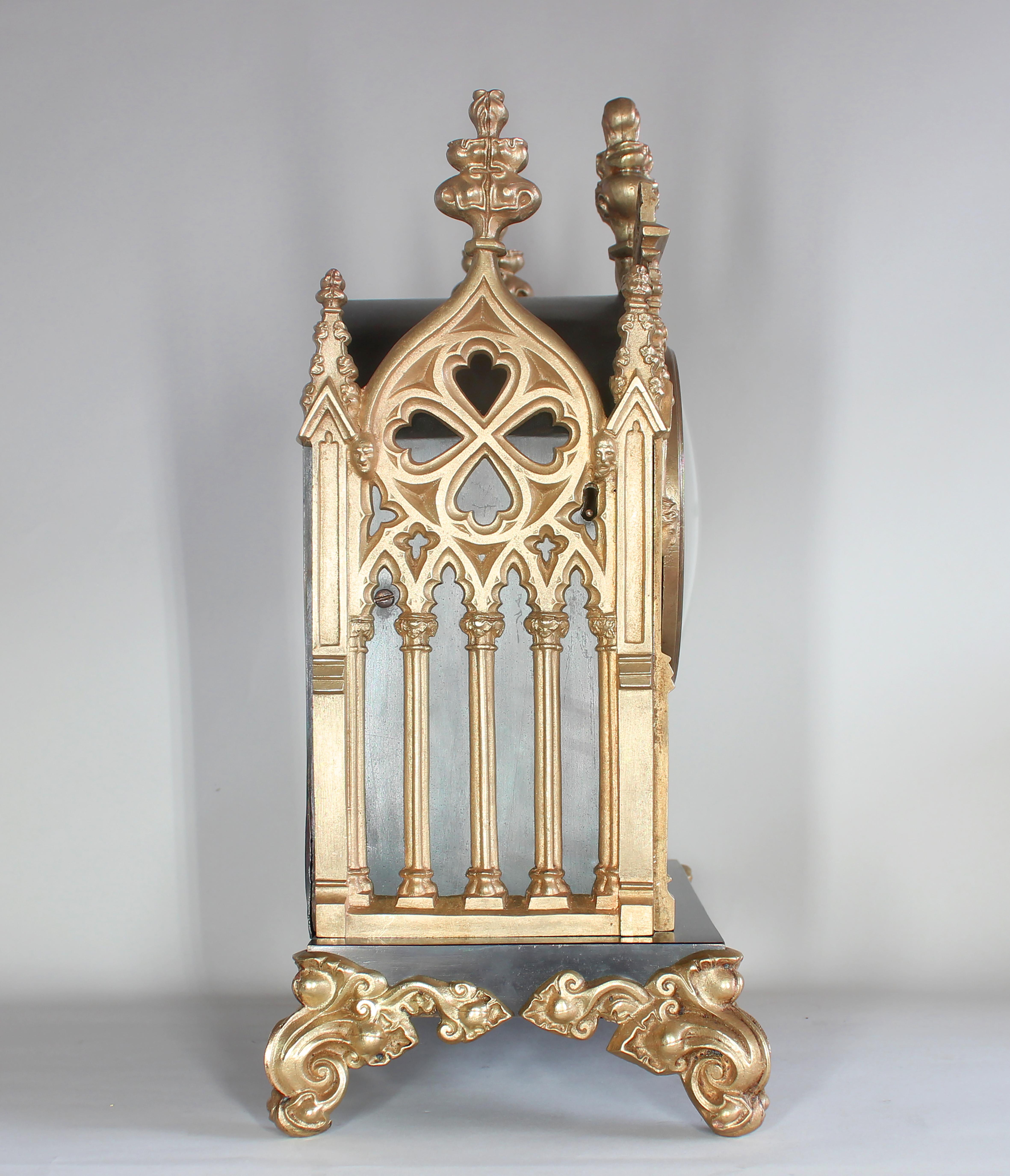 Mid-19th Century Gothic Bronze and Brass Mantel Clock For Sale
