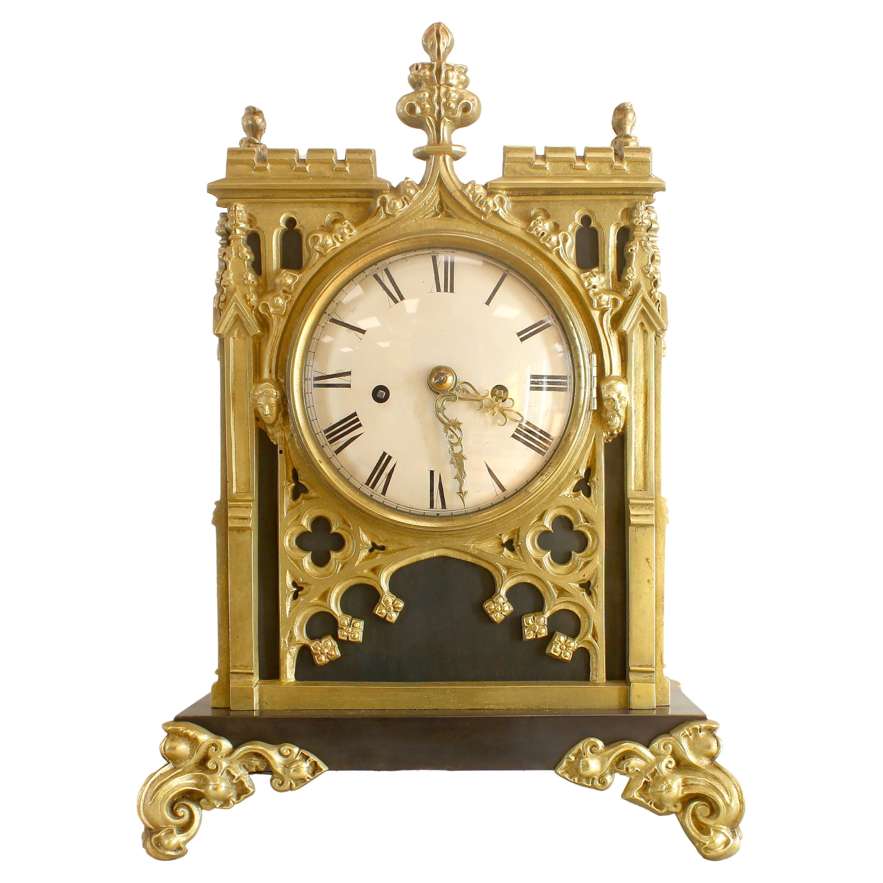 Gothic Bronze and Brass Mantel Clock For Sale