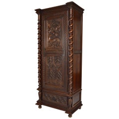 Antique Gothic Cabinet / Wardrobe in Carved Walnut, Mythological Theme, 19th Century