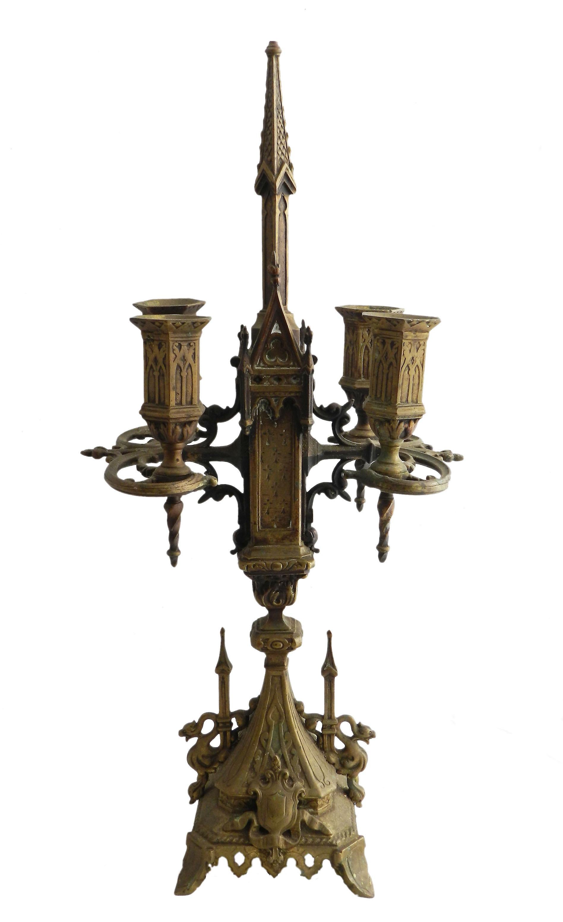 Gothic bronze candlestick, 19th century, French
Four candle
Good antique condition with some signs of use and age, hard to notice tiny impossible to notice small loss to top,
this will easily clean up we leave it as is for choice.





   