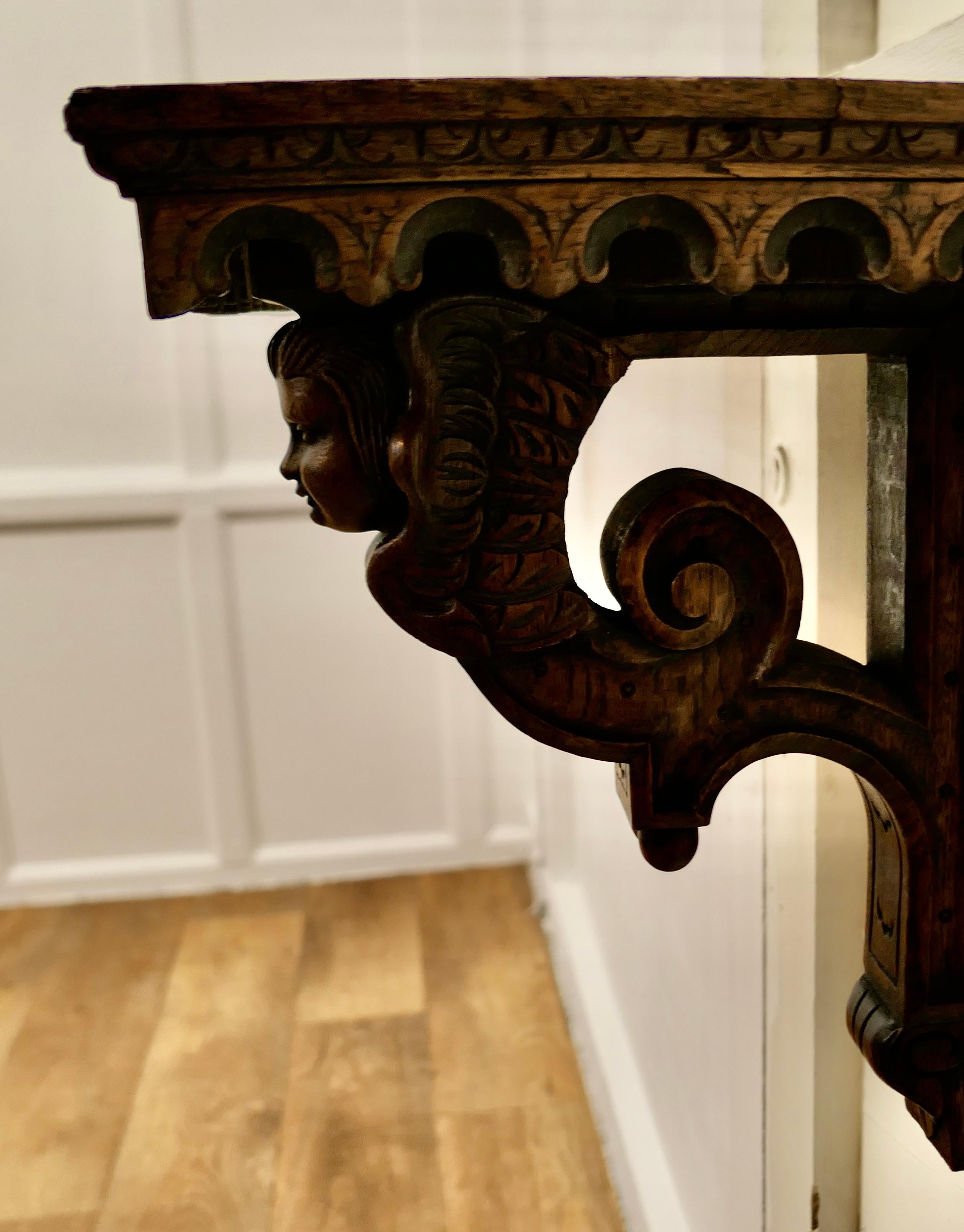 Early 19th Century Gothic Carved Long Oak Wall Shelf