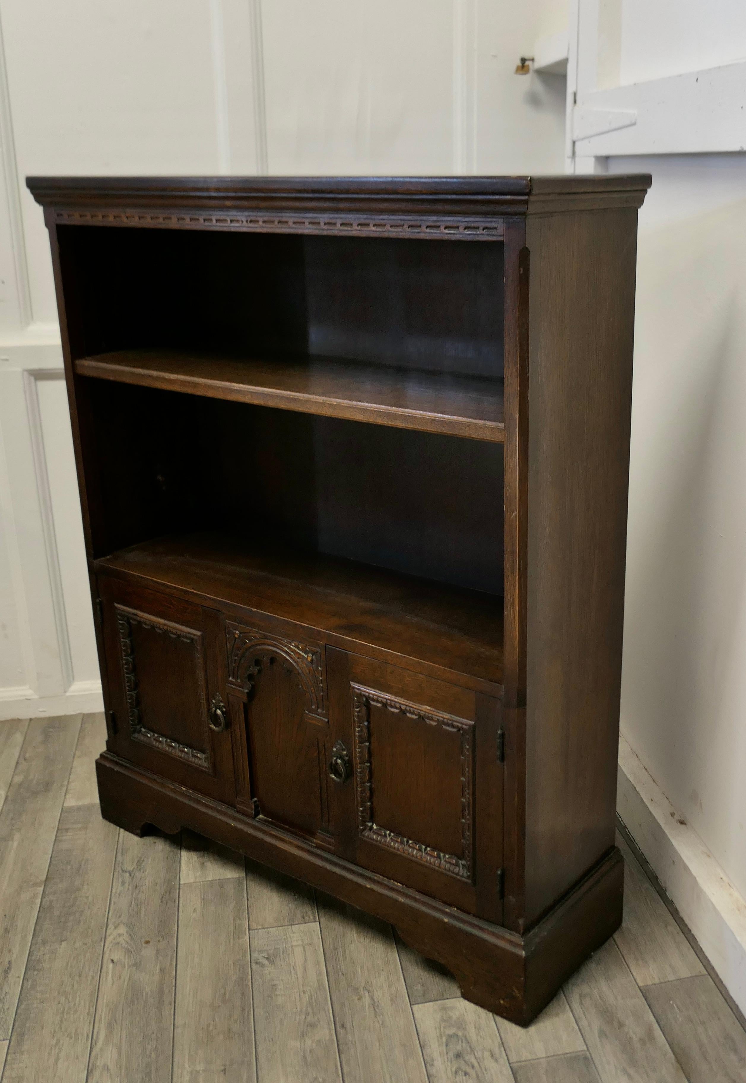 Gothic Carved Oak Open Bookcase with Cupboard by Old Charm In Good Condition For Sale In Chillerton, Isle of Wight