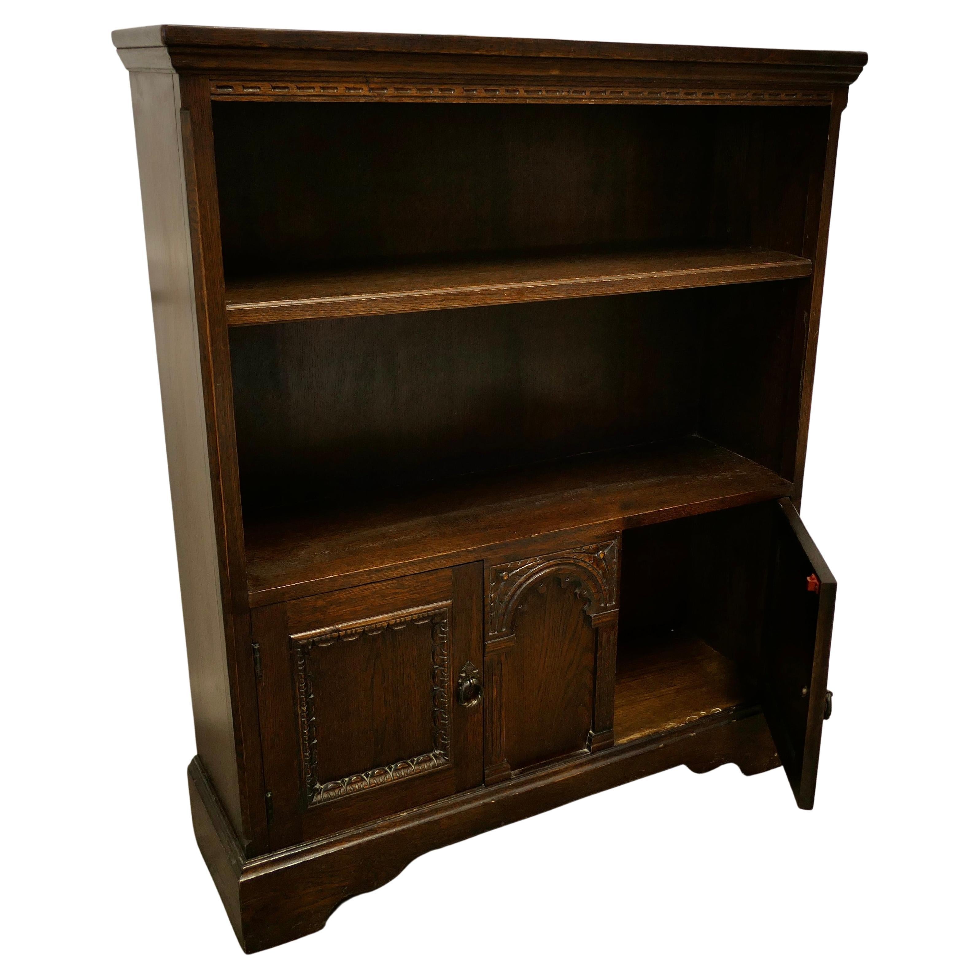 Gothic Carved Oak Open Bookcase with Cupboard by Old Charm For Sale