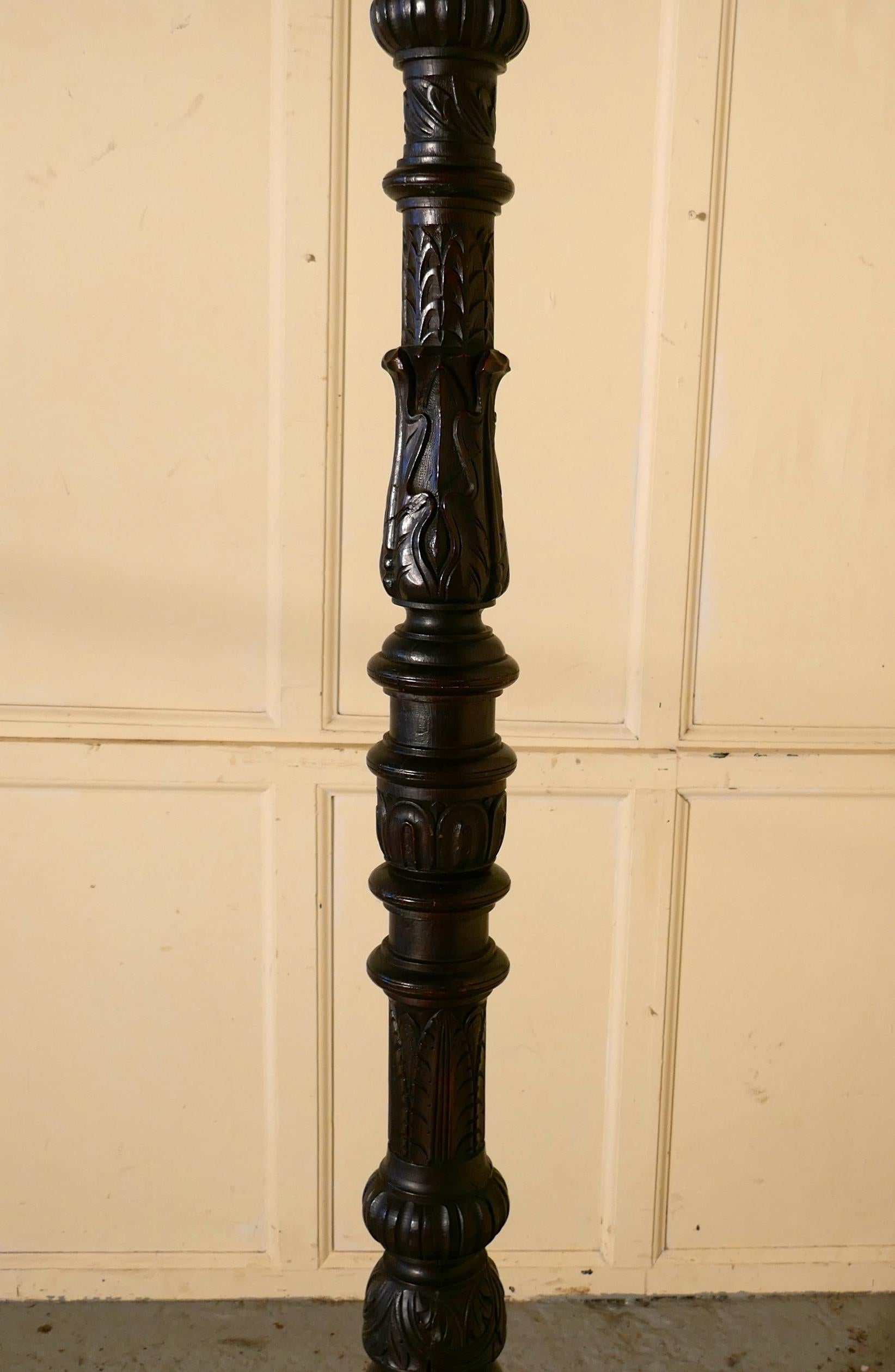 19th Century Gothic Carved Oak Torchere, Floor Standing Standard Lamp
