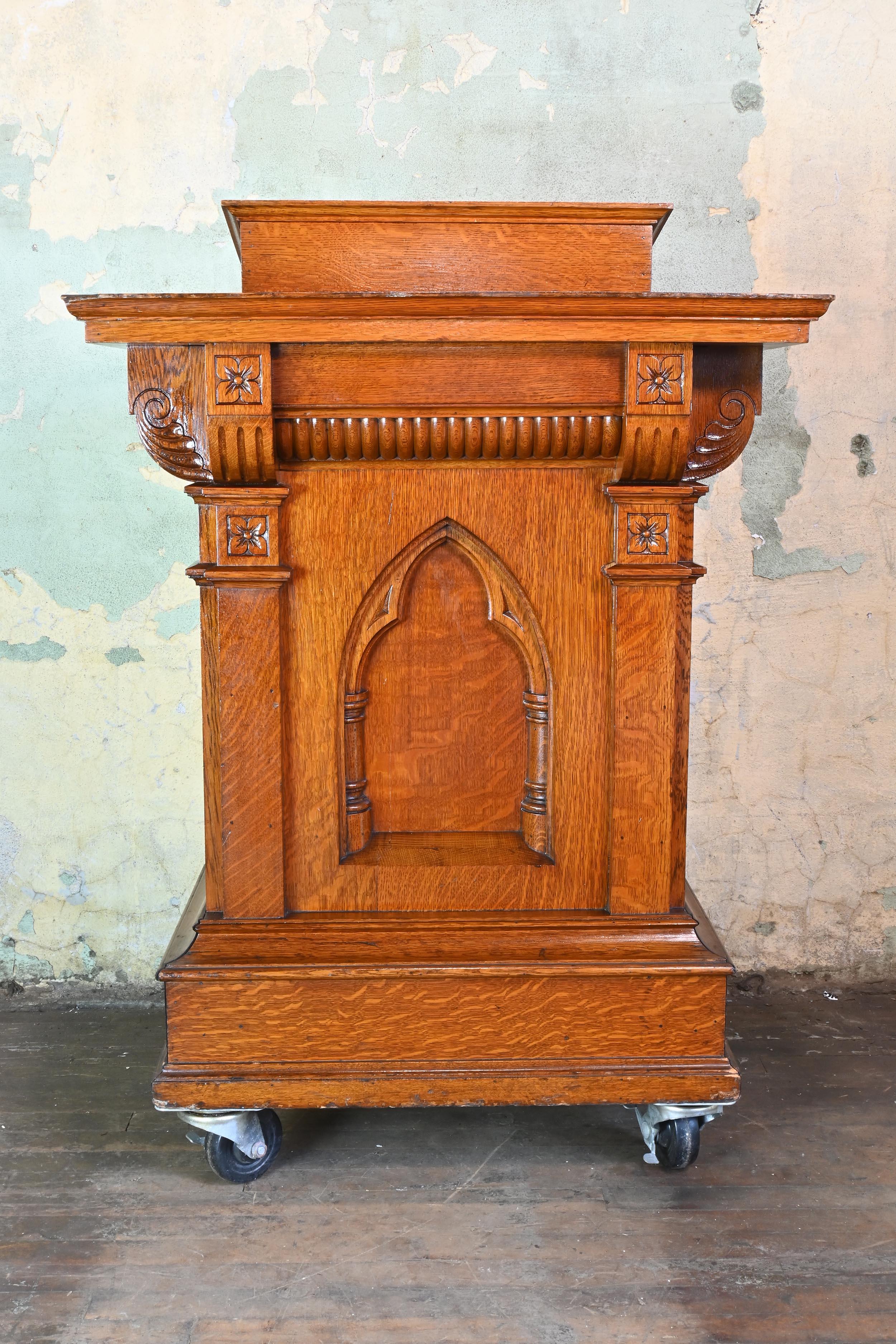 Gothic Carved Tiger Oak Deep Relief Lectern For Sale 7