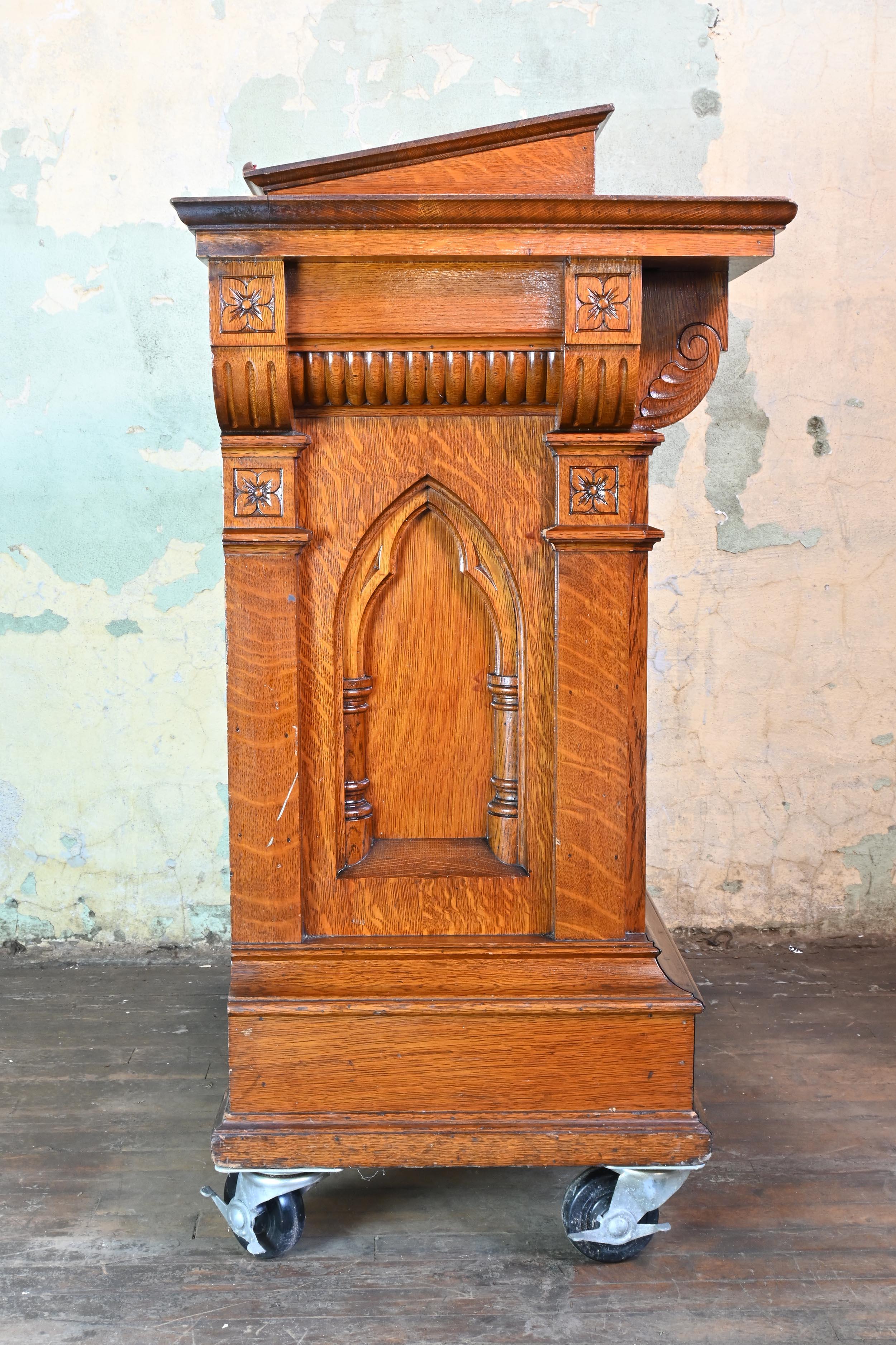 Hand-Carved Gothic Carved Tiger Oak Deep Relief Lectern For Sale