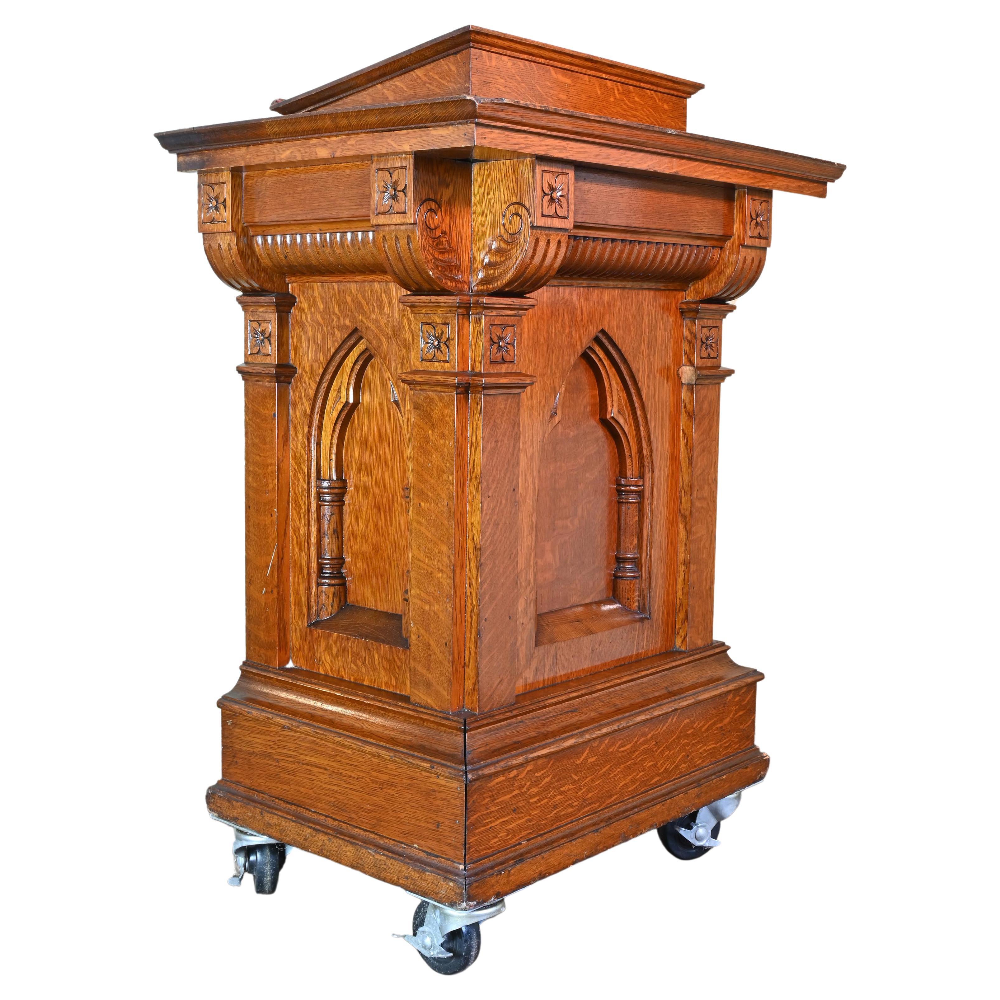 Gothic Carved Tiger Oak Deep Relief Lectern For Sale