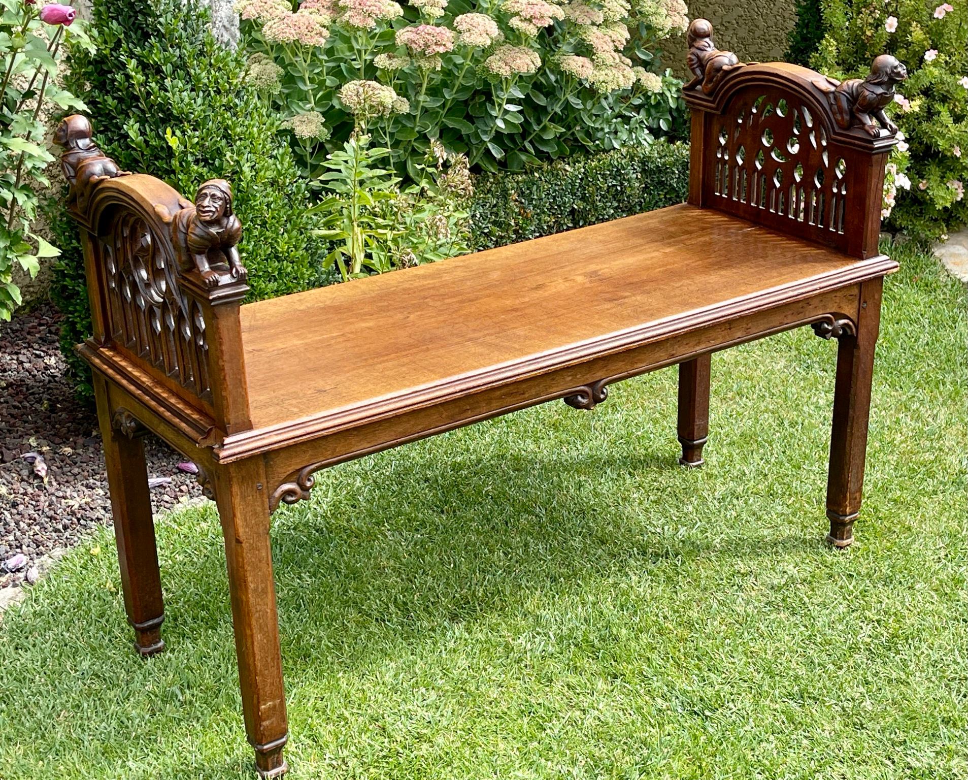 Hand-Carved Gothic Carved Walnut Bench, 19th Century