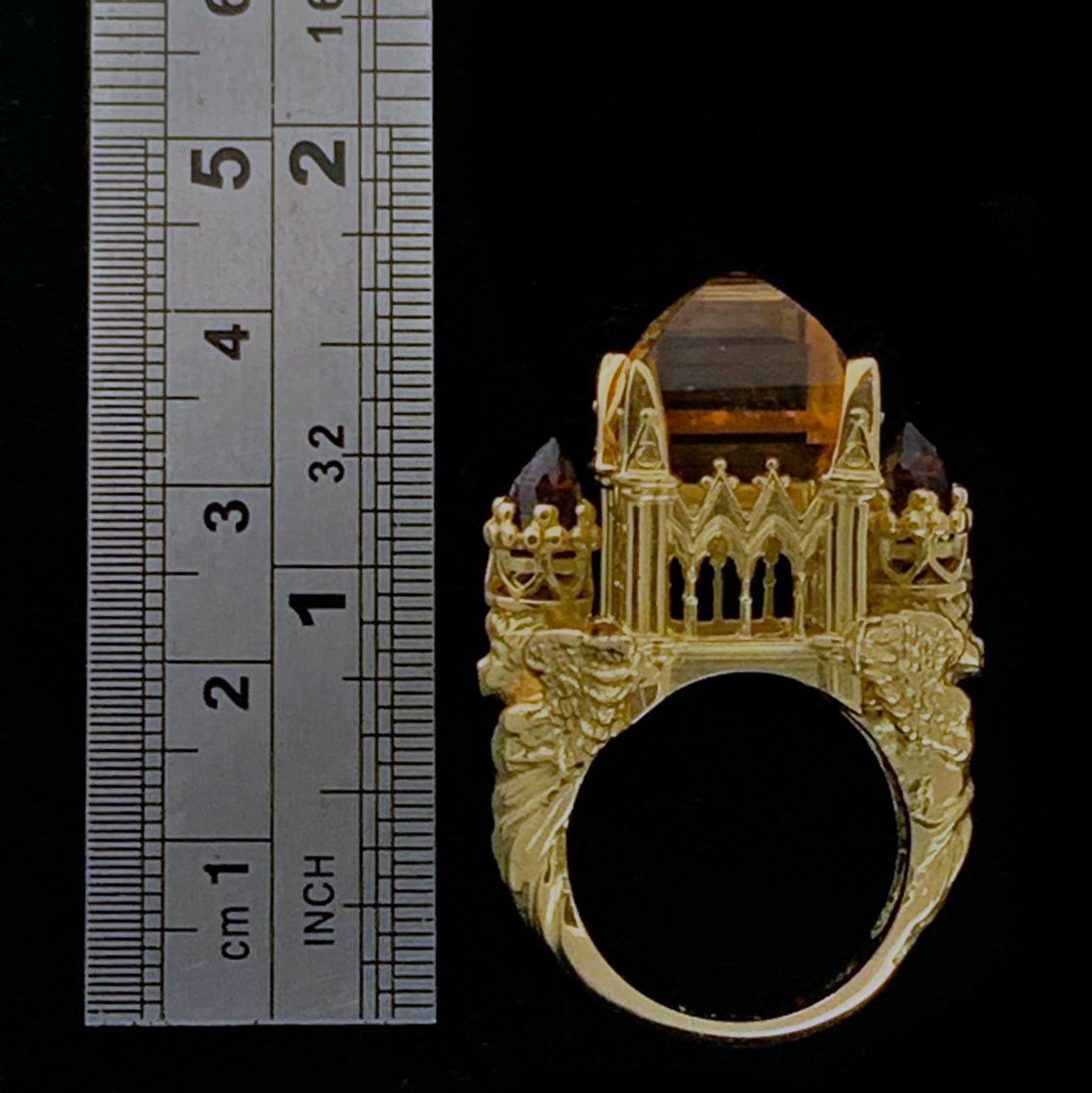 Gothic Cathedral Ring in 18 Karat Yellow Gold, Citrine and Garnets For Sale 4