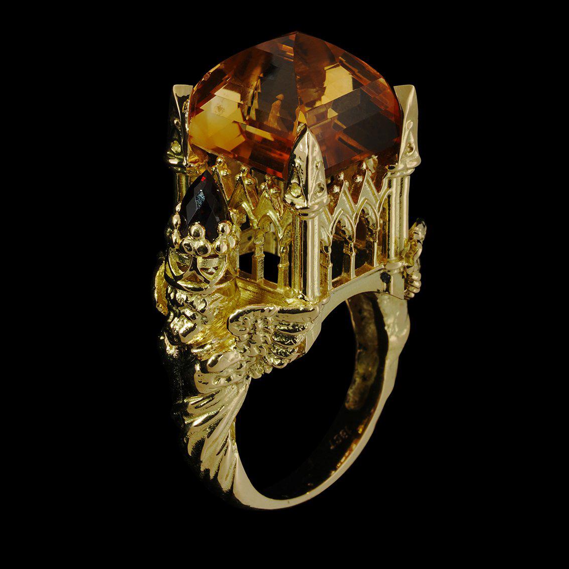Gothic Cathedral Ring in 18 Karat Yellow Gold, Citrine and Garnets For Sale 7
