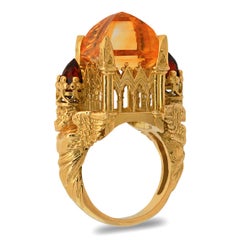 Gothic Cathedral Ring in 18 Karat Yellow Gold, Citrine and Garnets