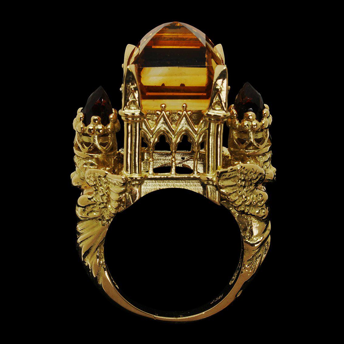 Bullet Cut Gothic Cathedral Ring in 18 Karat Yellow Gold, Citrine and Garnets For Sale