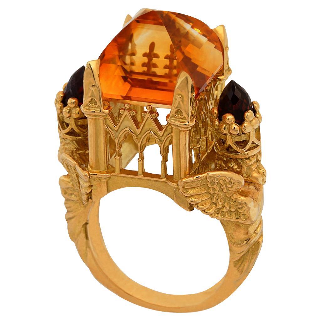 Gothic Cathedral Ring in 18 Karat Yellow Gold, Citrine and Garnets