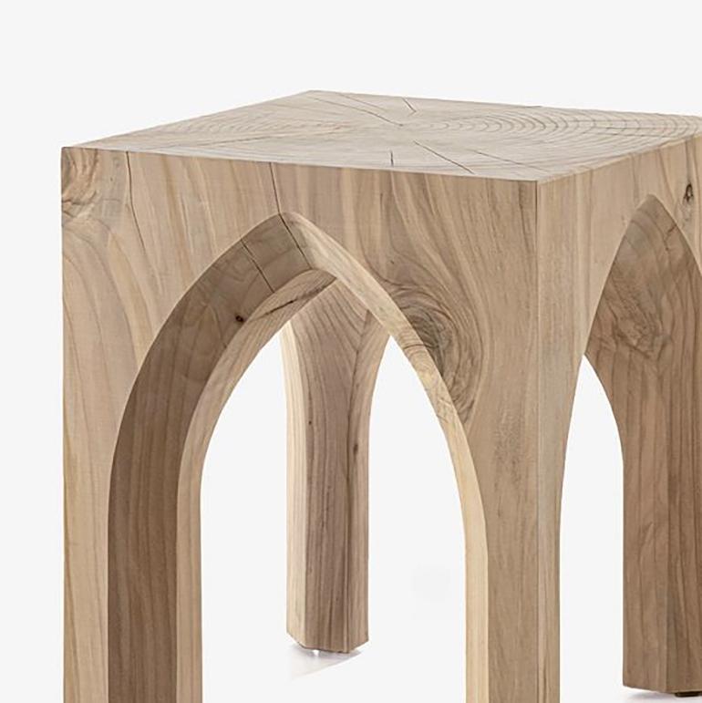 Stool Gothic Cedar made in natural solid cedar
wood with natural pine extract wax treatment.
Solid cedar wood include movement, 
cracks and changes in wood conditions, 
this is the essential characteristic of natural 
solid cedar wood due to