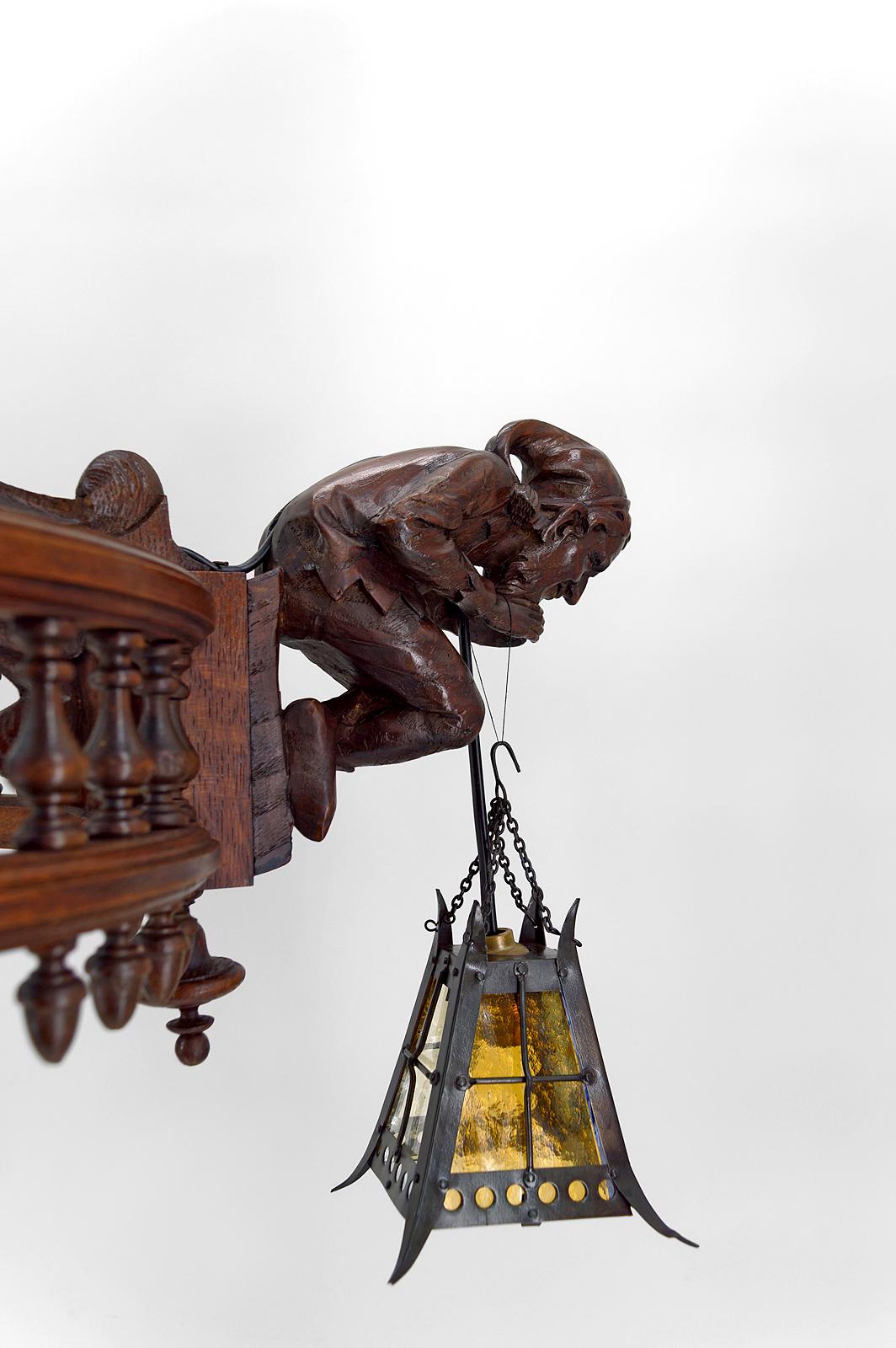 Gothic Chandelier Carved with Jesters and Lanterns, France, circa 1900 For Sale 2