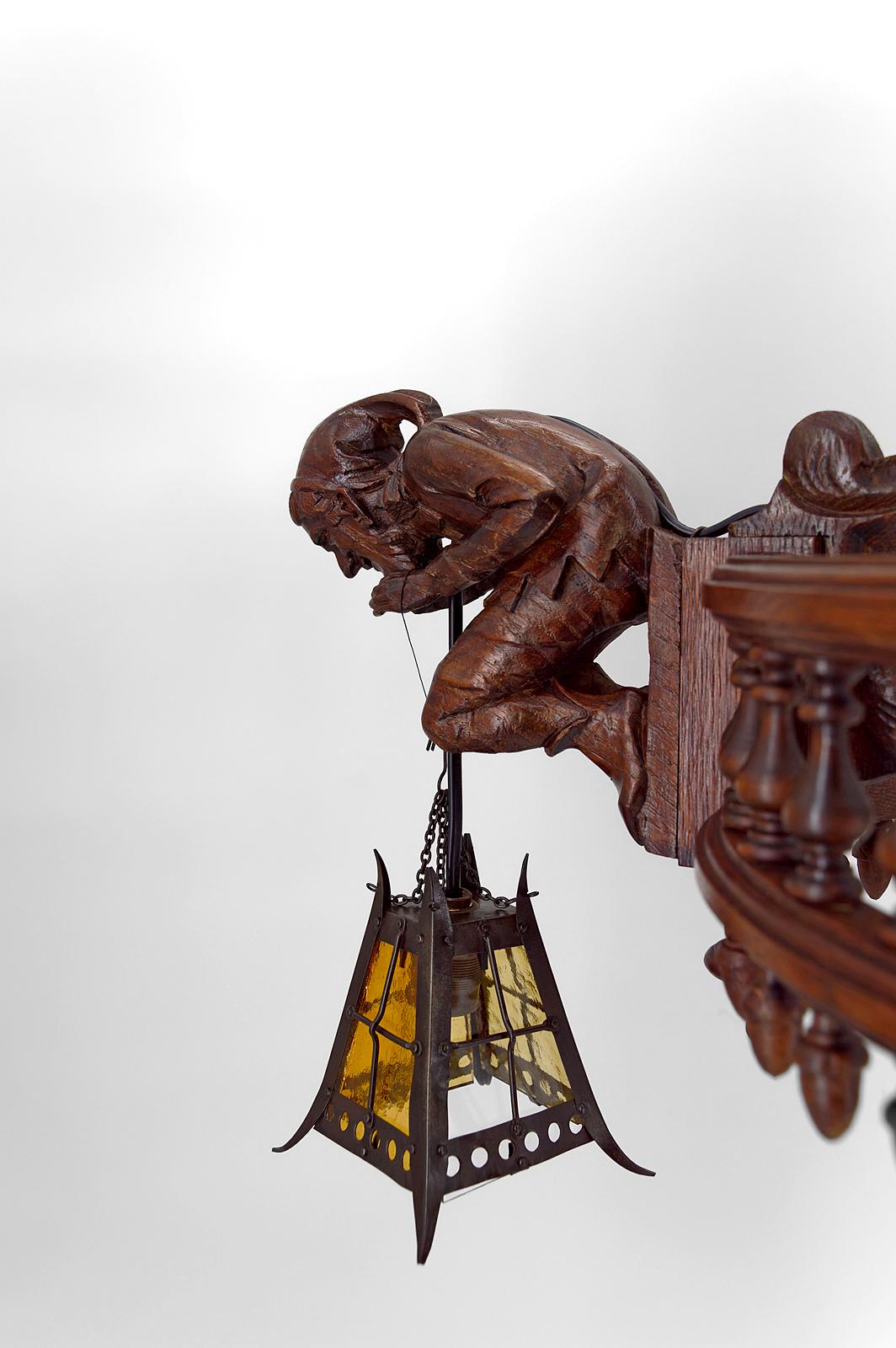 Gothic Chandelier Carved with Jesters and Lanterns, France, circa 1900 For Sale 4