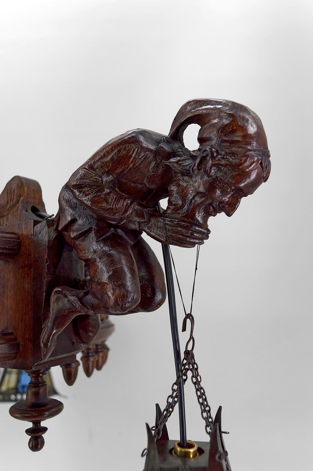 Gothic Chandelier Carved with Jesters and Lanterns, France, circa 1900 For Sale 8