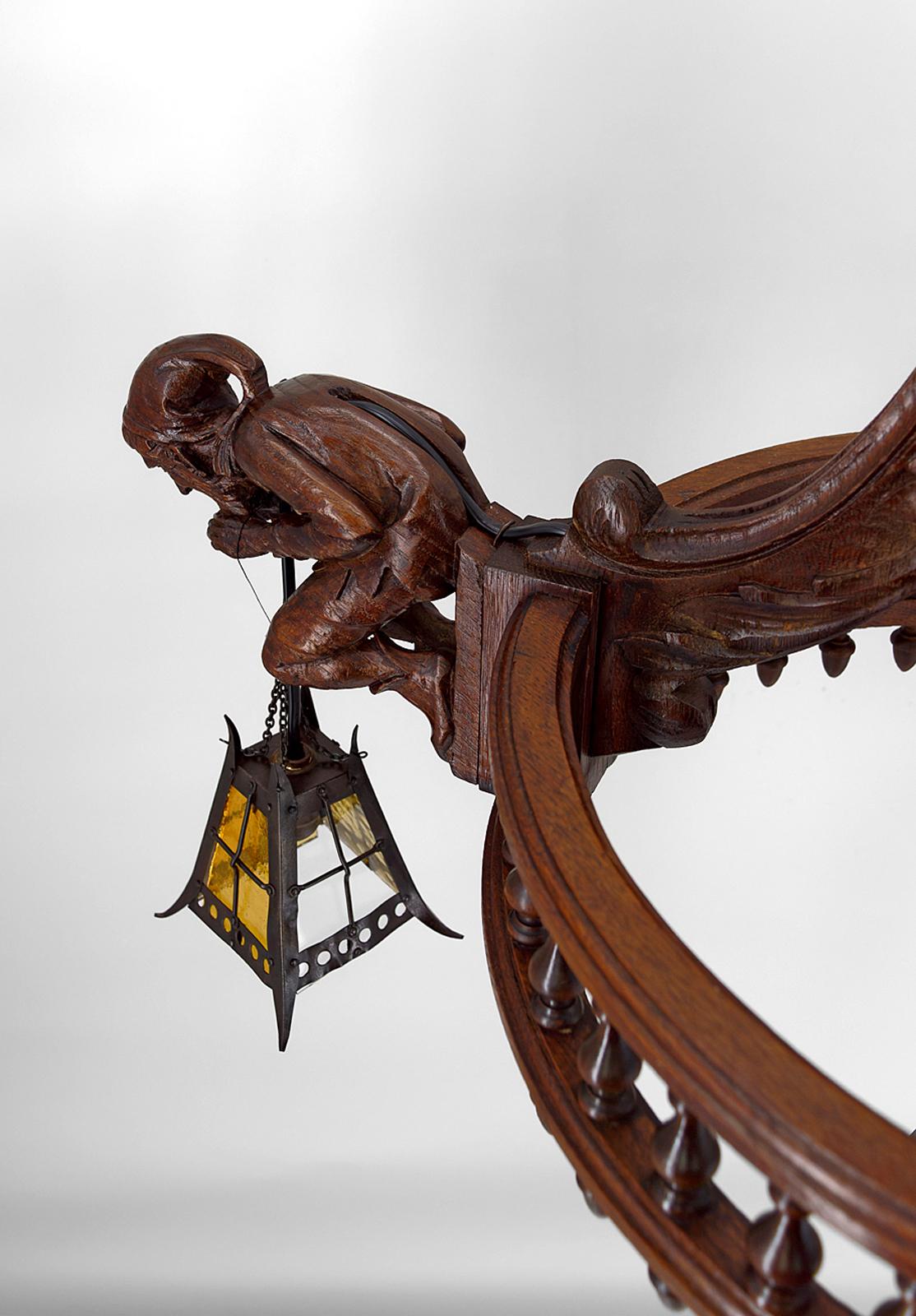 Gothic Chandelier Carved with Jesters and Lanterns, France, circa 1900 For Sale 10