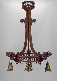 Gothic Chandelier Carved with Jesters and Lanterns, France, circa 1900