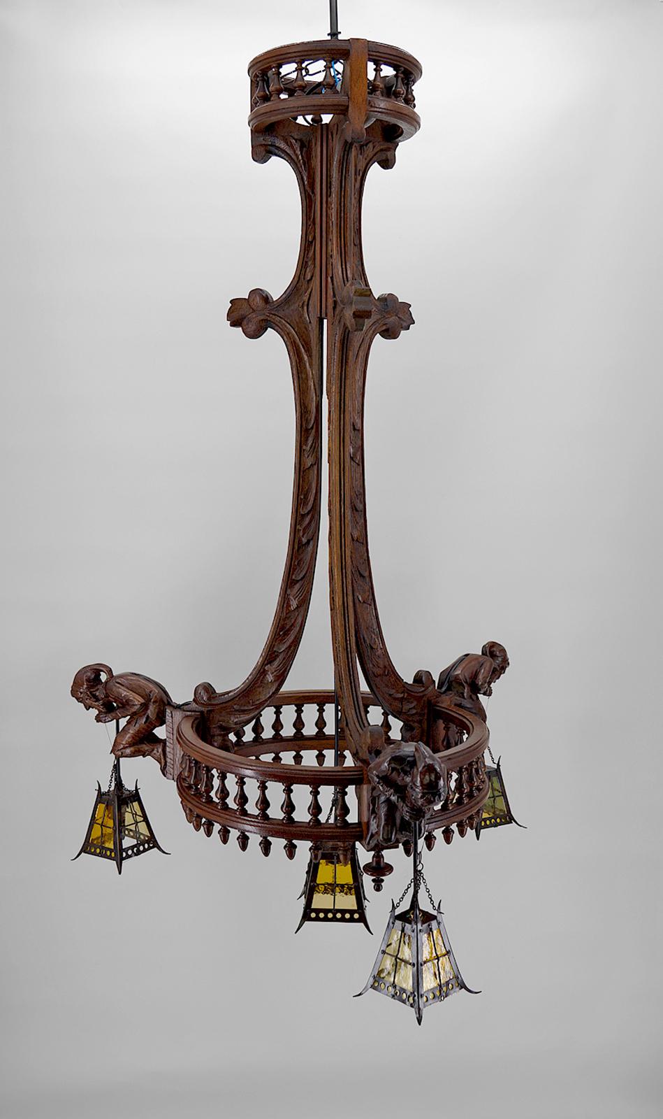 Gothic Revival Gothic Chandelier Carved with Jesters and Lanterns, France, circa 1900 For Sale