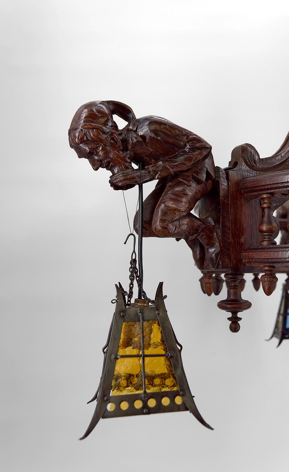Gothic Chandelier Carved with Jesters and Lanterns, France, circa 1900 For Sale 1