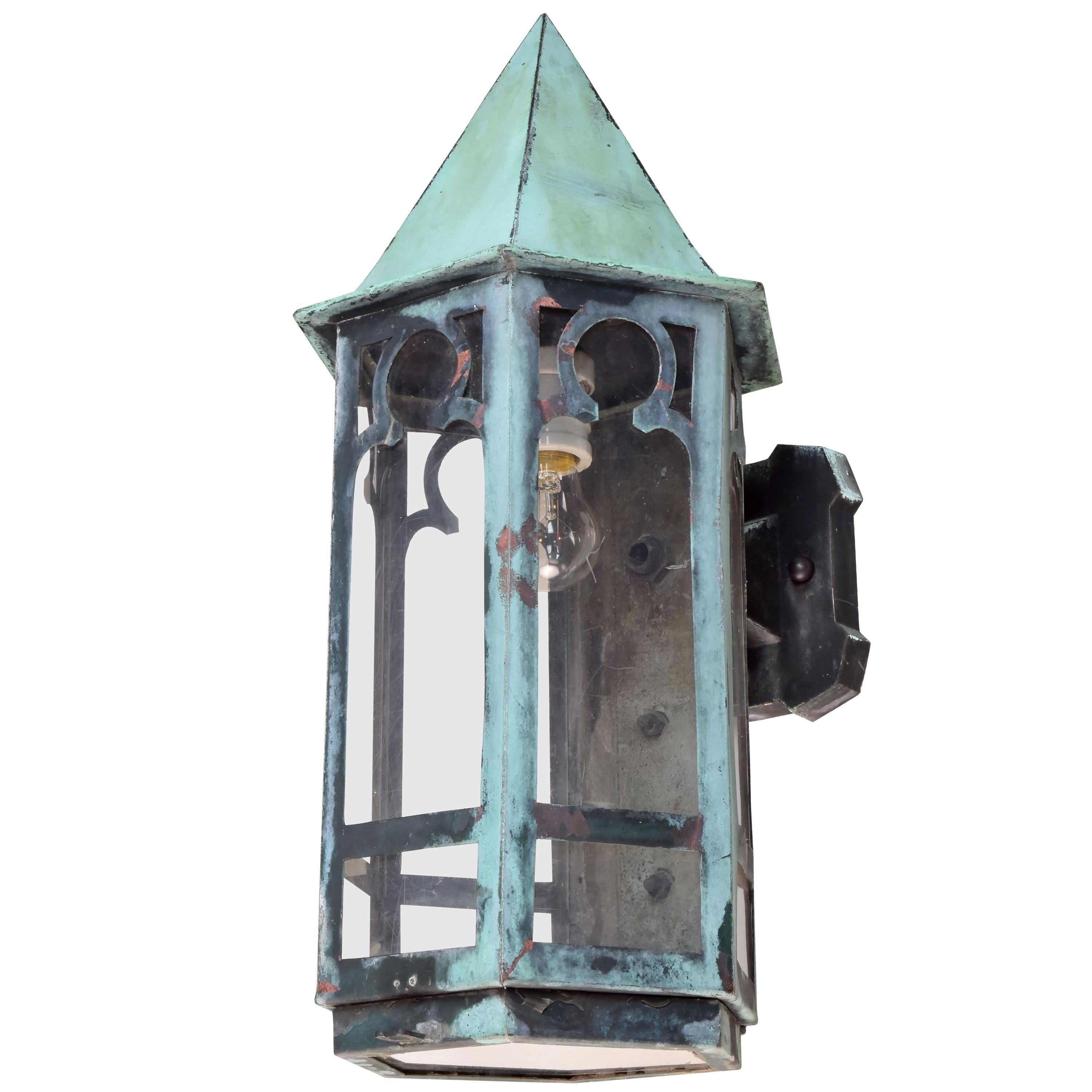 Gothic Copper Exterior Sconce with Patina For Sale