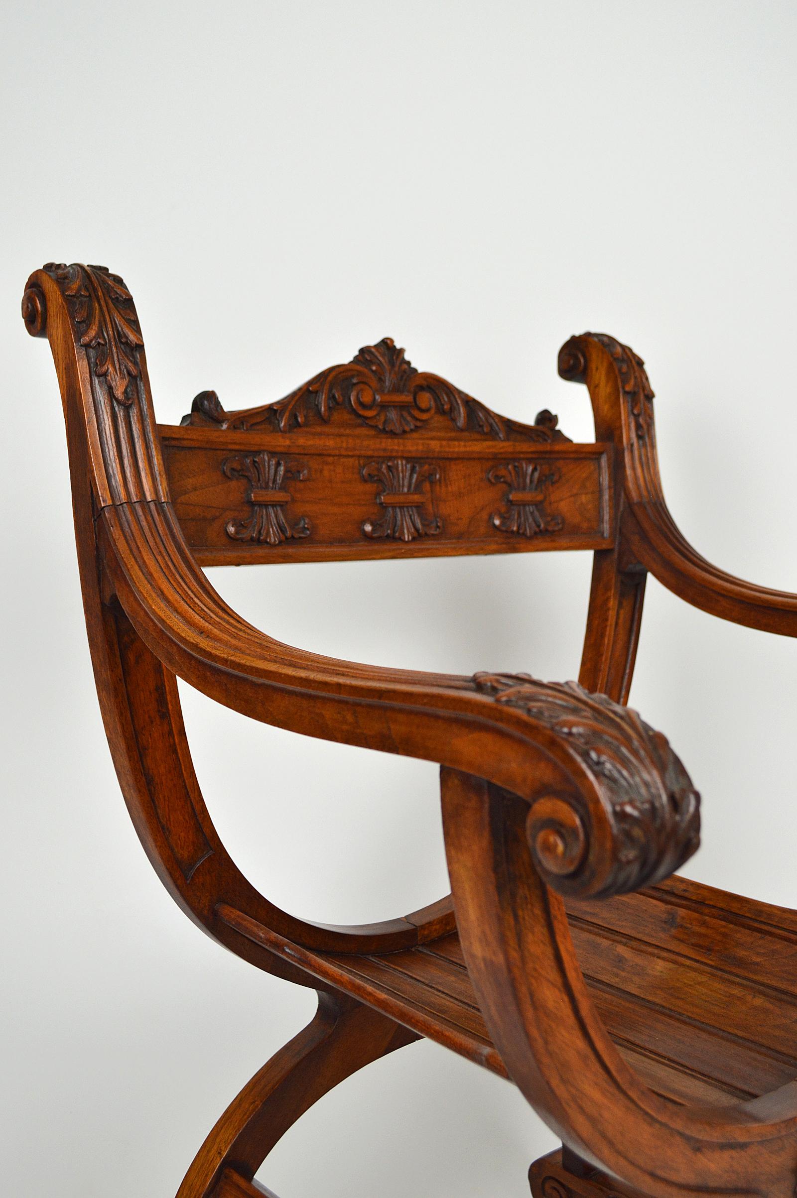 Gothic Curule Armchair in Carved Walnut, France, circa 1880 For Sale 7