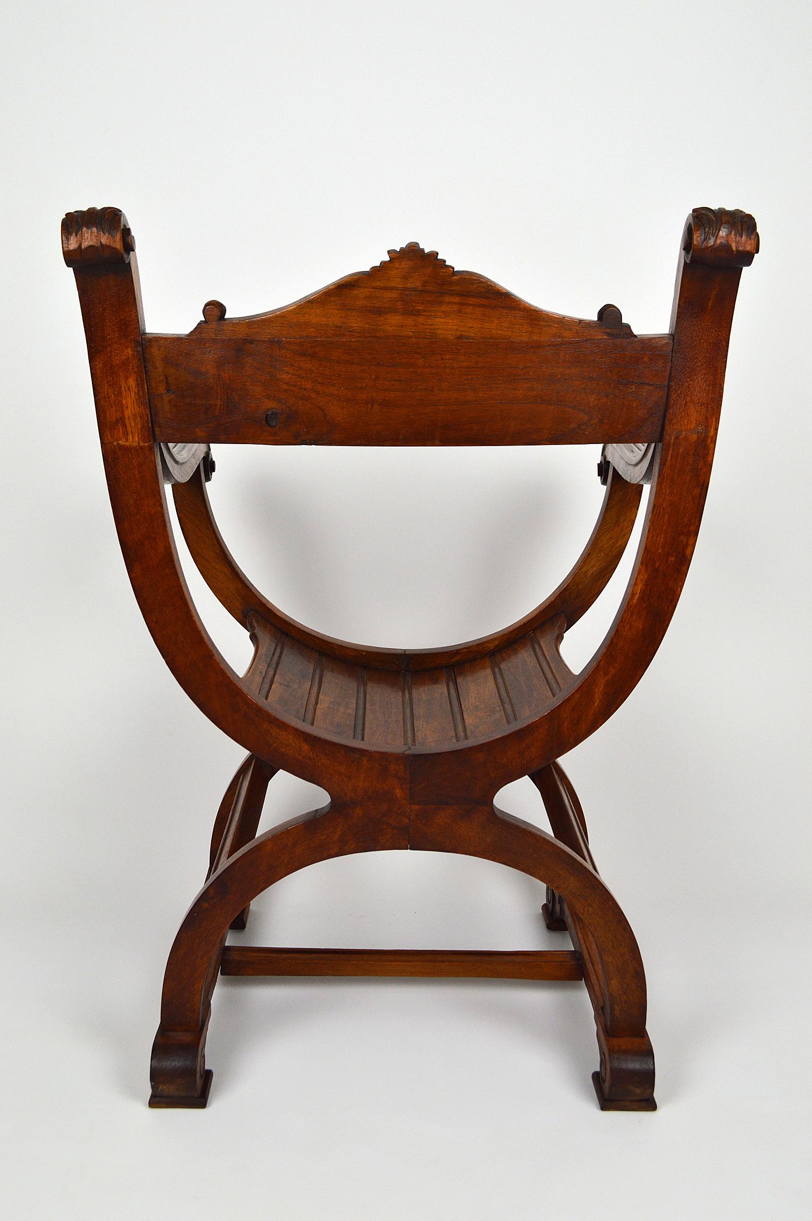 Gothic Curule Armchair in Carved Walnut, France, circa 1880 8