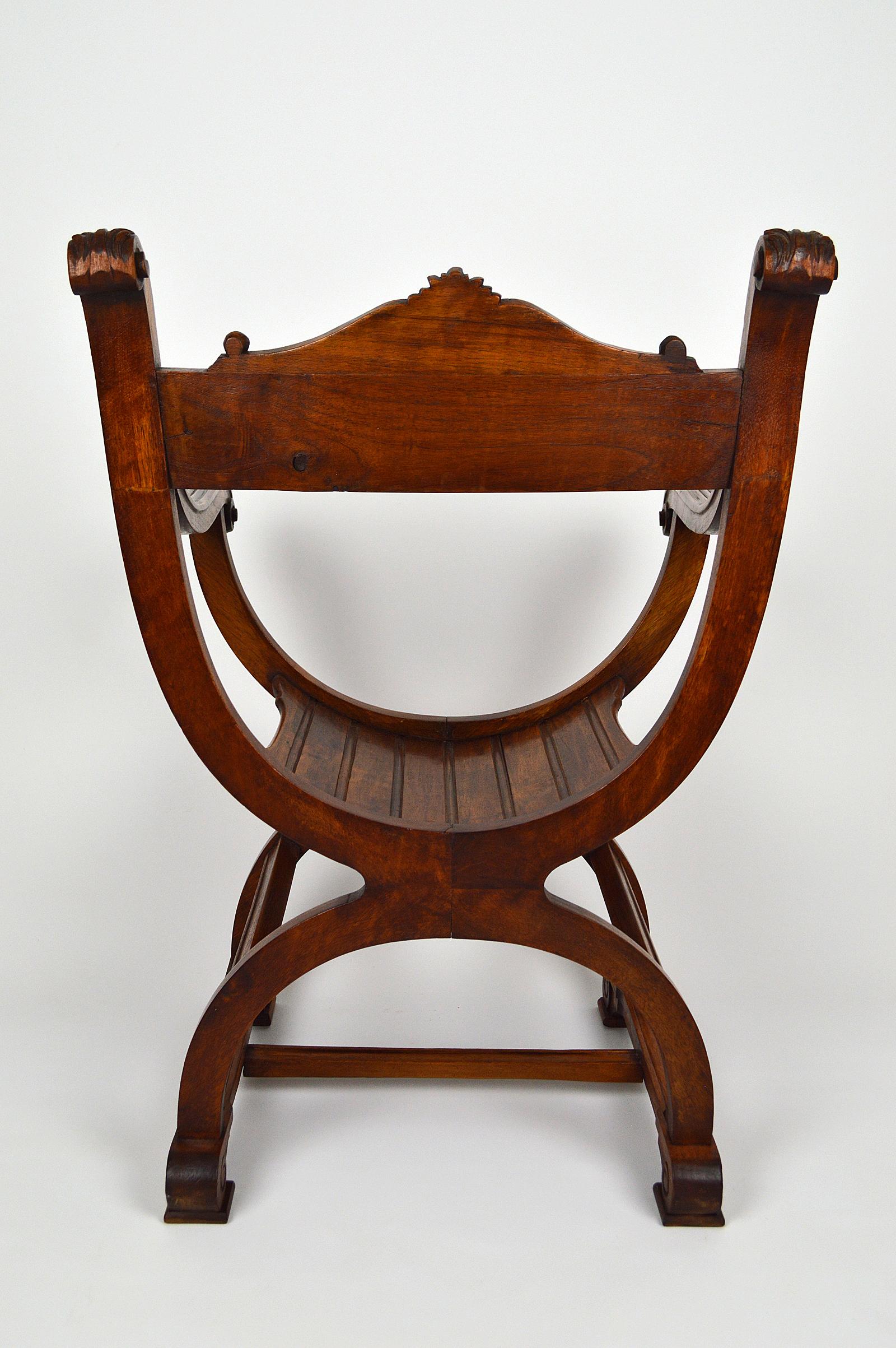 Gothic Curule Armchair in Carved Walnut, France, circa 1880 For Sale 8