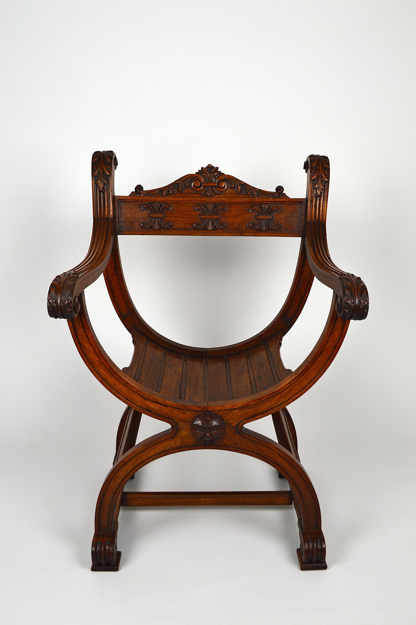 Renaissance Revival Gothic Curule Armchair in Carved Walnut, France, circa 1880 For Sale