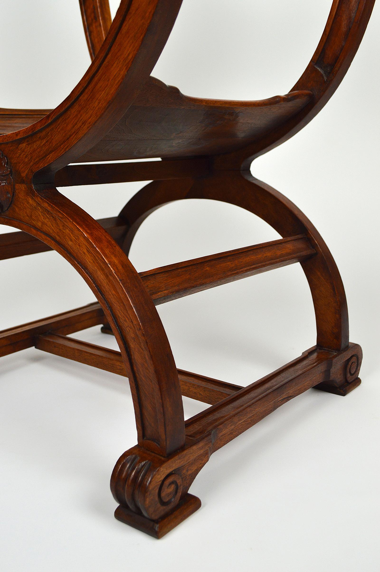 French Gothic Curule Armchair in Carved Walnut, France, circa 1880 For Sale