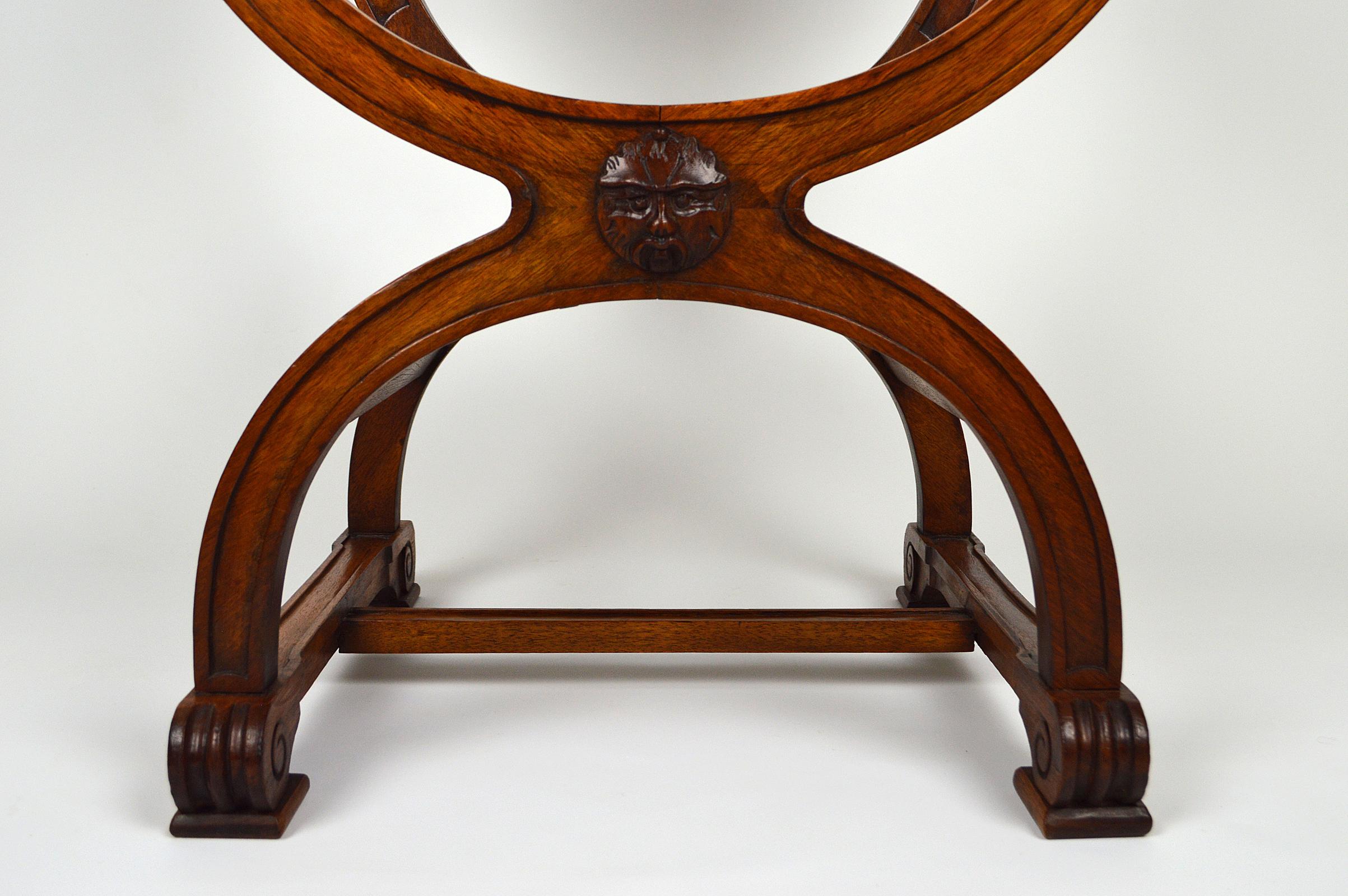 Late 19th Century Gothic Curule Armchair in Carved Walnut, France, circa 1880 For Sale