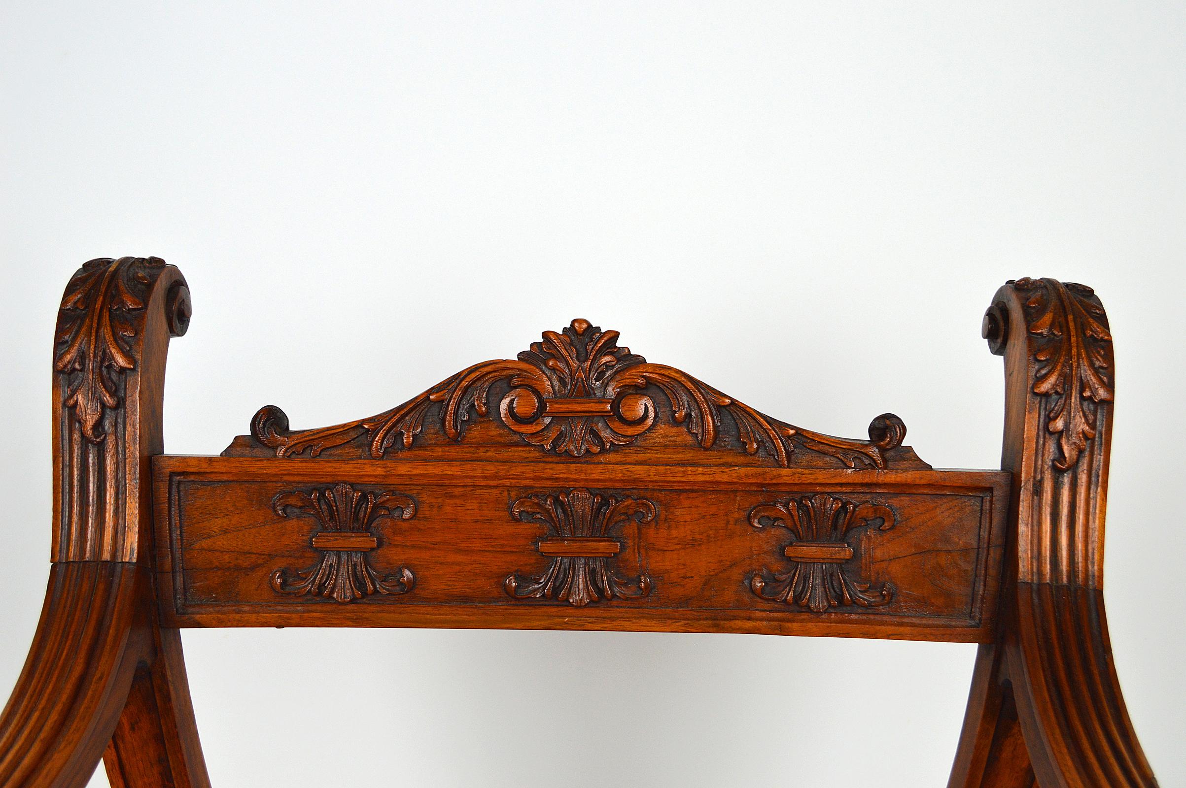 Gothic Curule Armchair in Carved Walnut, France, circa 1880 For Sale 1