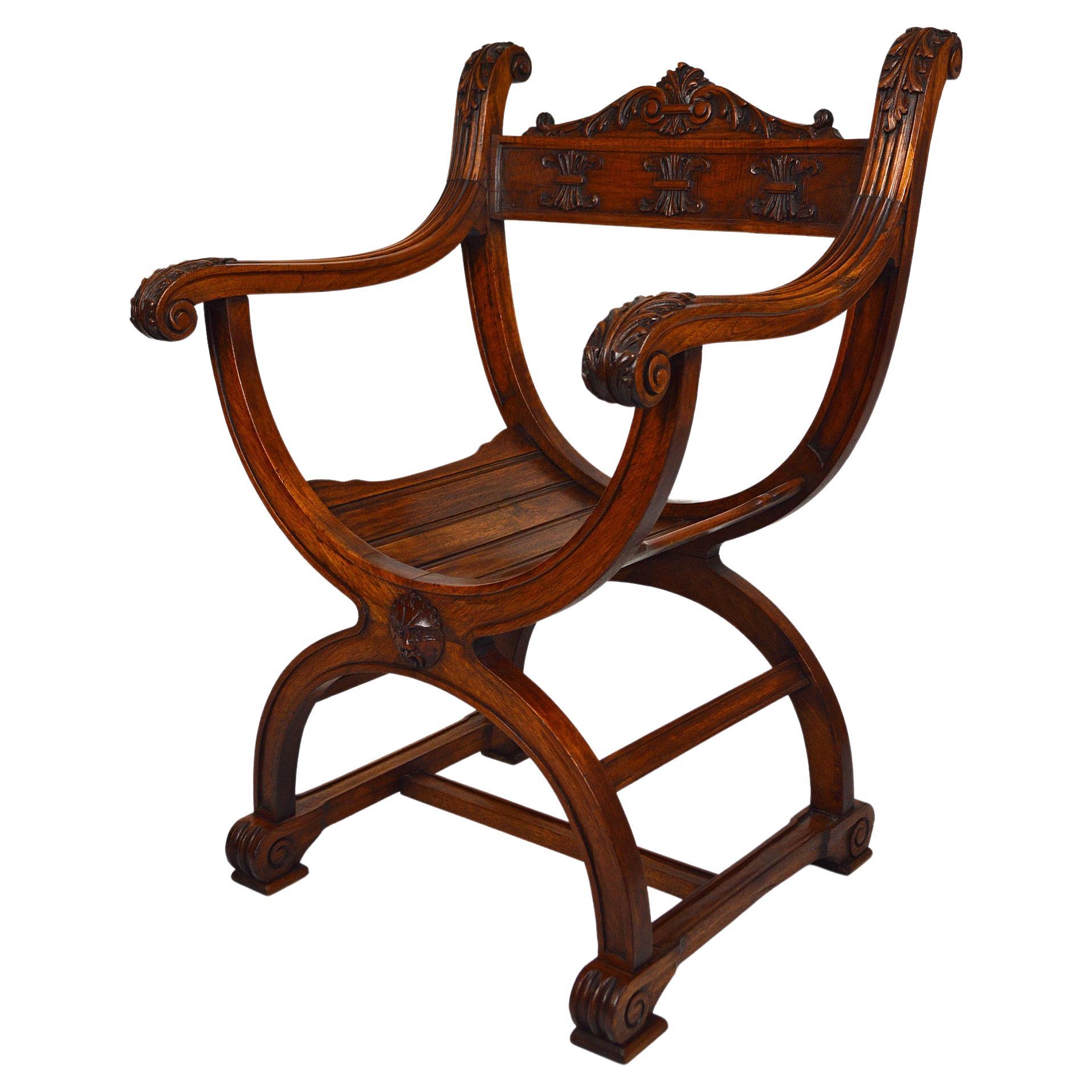 Gothic Curule Armchair in Carved Walnut, France, circa 1880