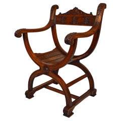 Gothic Curule Armchair in Carved Walnut, France, circa 1880