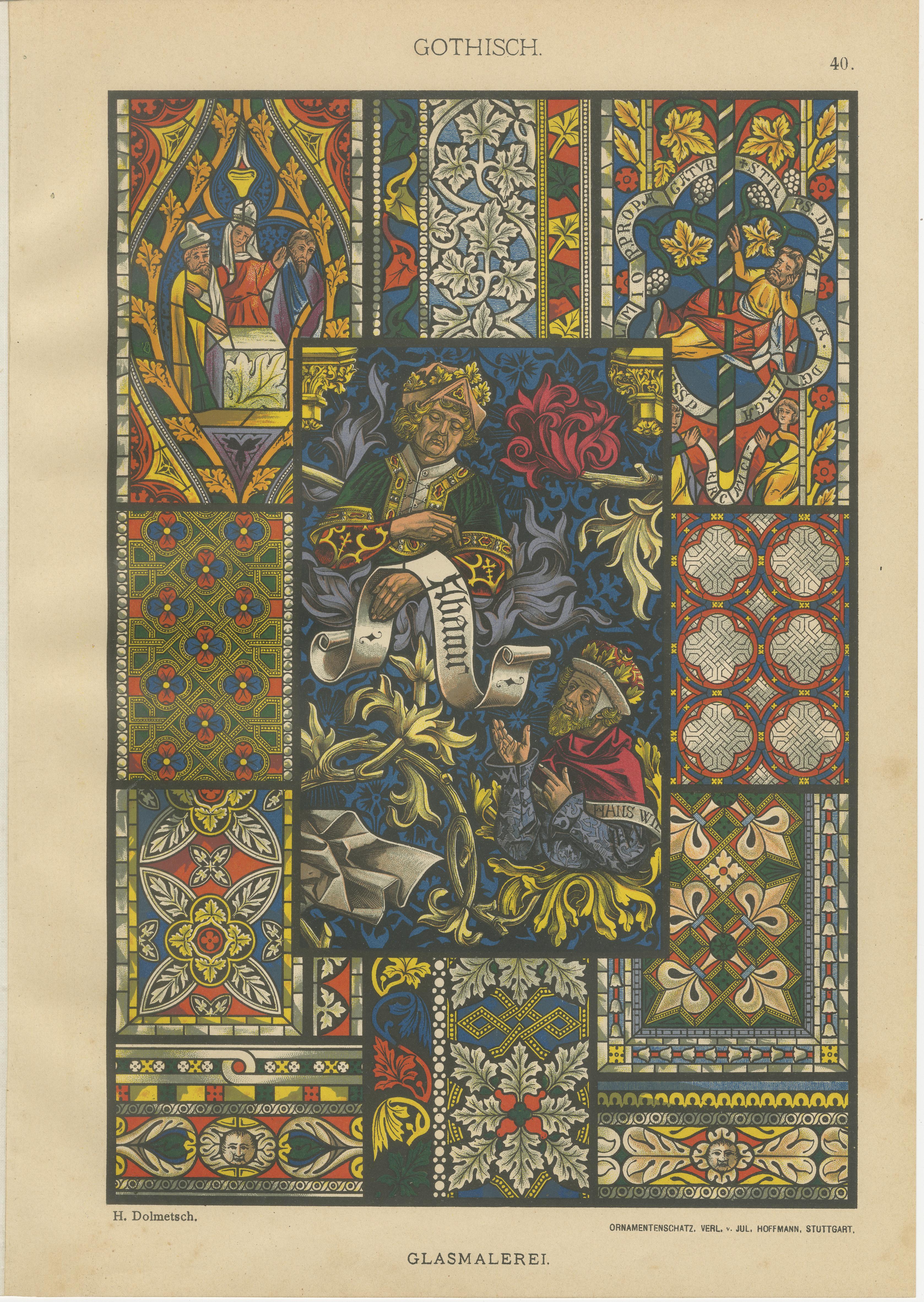 Gothic Decorative Arts Prints: Stained Glass, Sculpture, and Textile Motifs

This visually captivating set of three antique prints showcases Gothic decorative arts at their finest, focusing on stained glass design, architectural ornamentation,