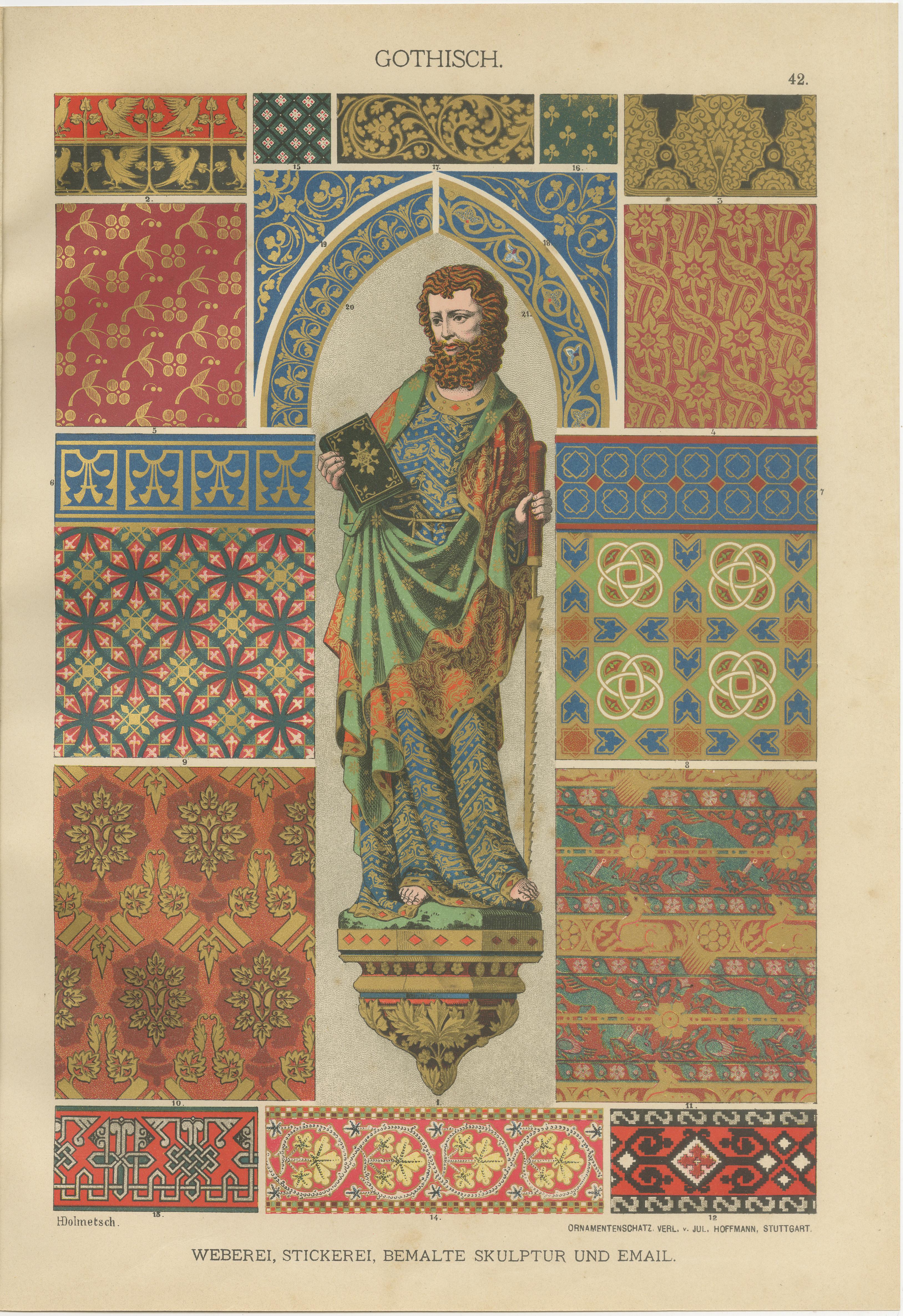 Late 19th Century Gothic Decorative Art Prints: Stained Glass, Sculpture and Textile Motifs 1887 For Sale