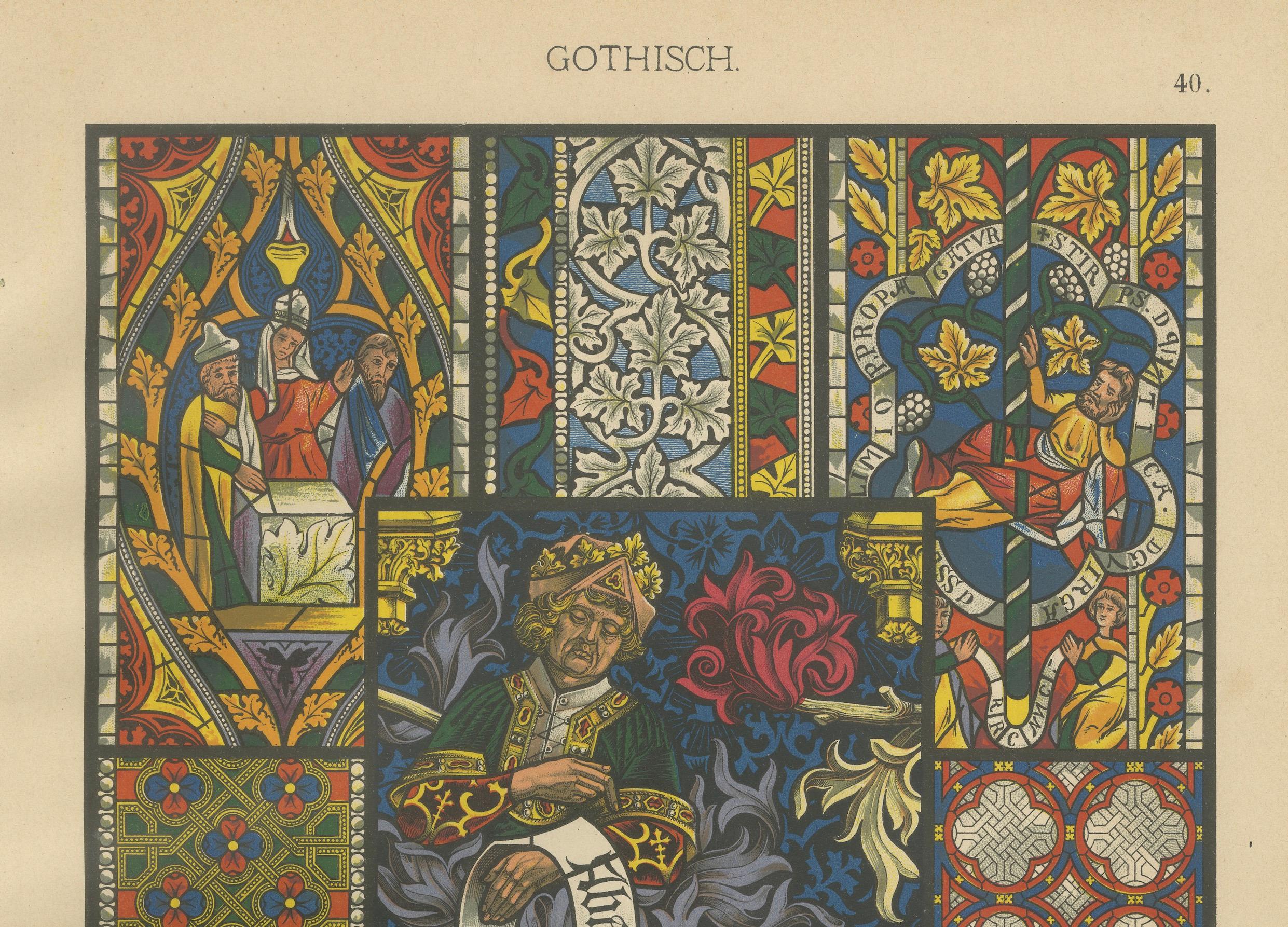 Gothic Decorative Art Prints: Stained Glass, Sculpture and Textile Motifs 1887 For Sale 4