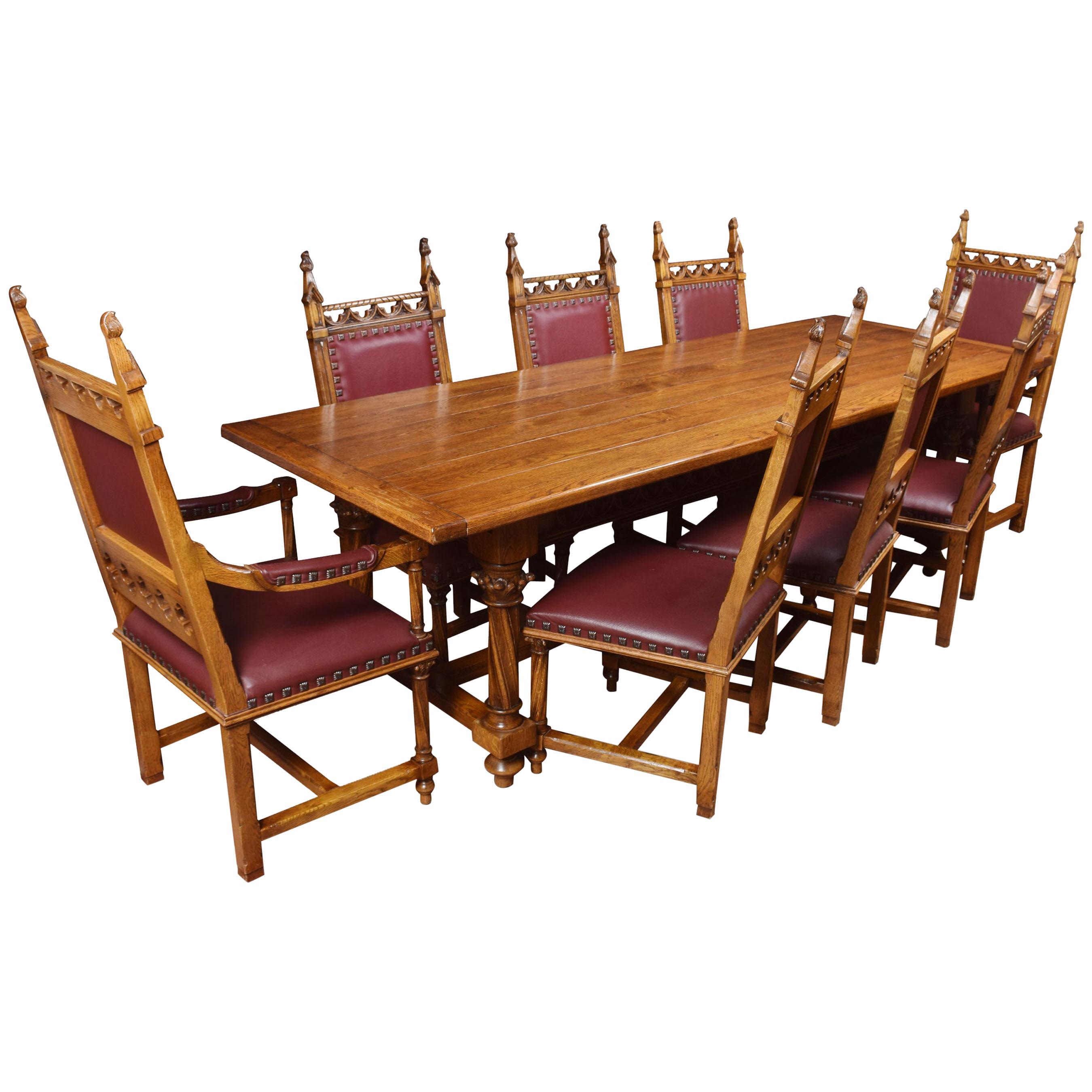Gothic Design Oak Refectory Table and Eight Chairs