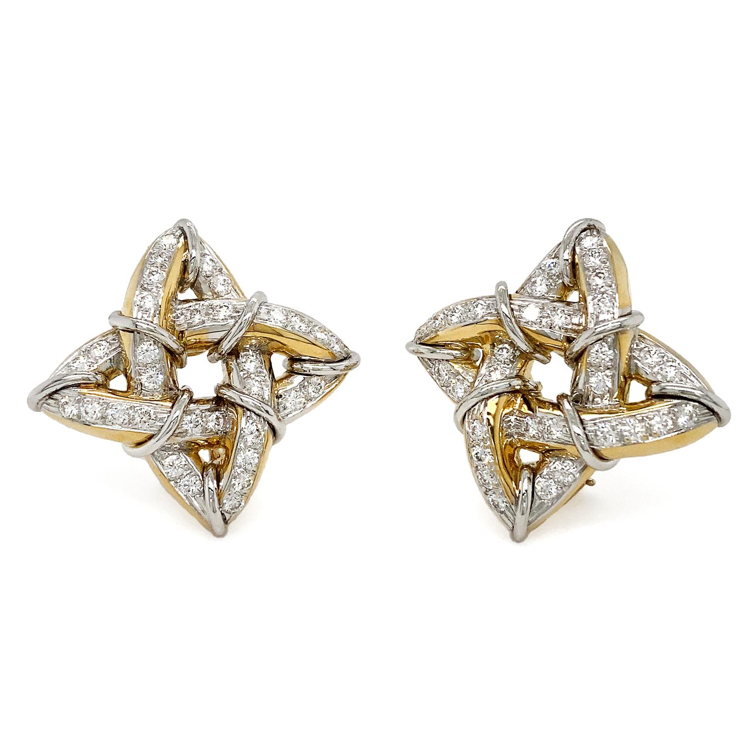 Round Cut Gothic Diamond Platinum and 18K Yellow Gold Earrings For Sale