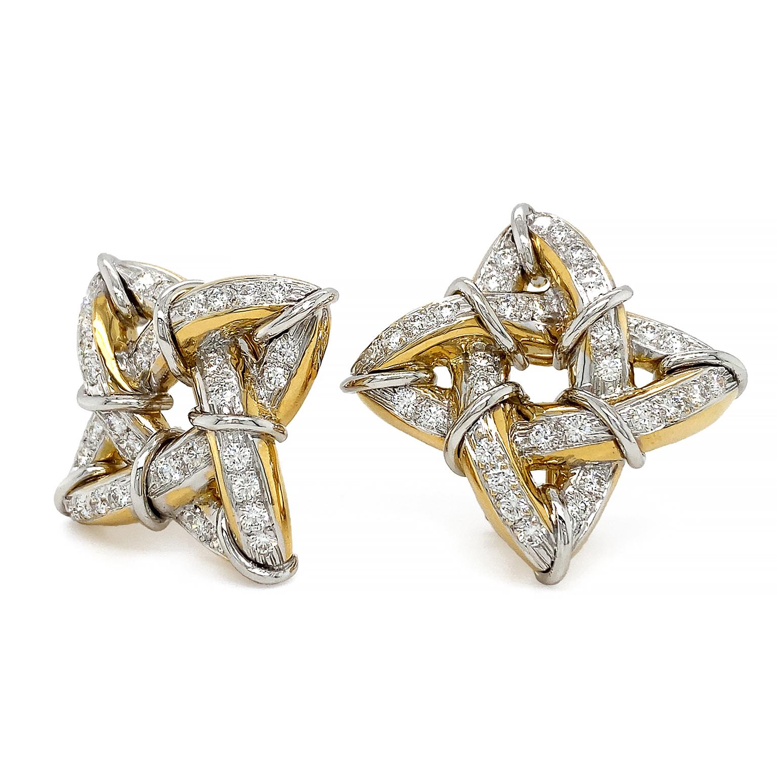Gothic Diamond Platinum and 18K Yellow Gold Earrings In New Condition For Sale In New York, NY