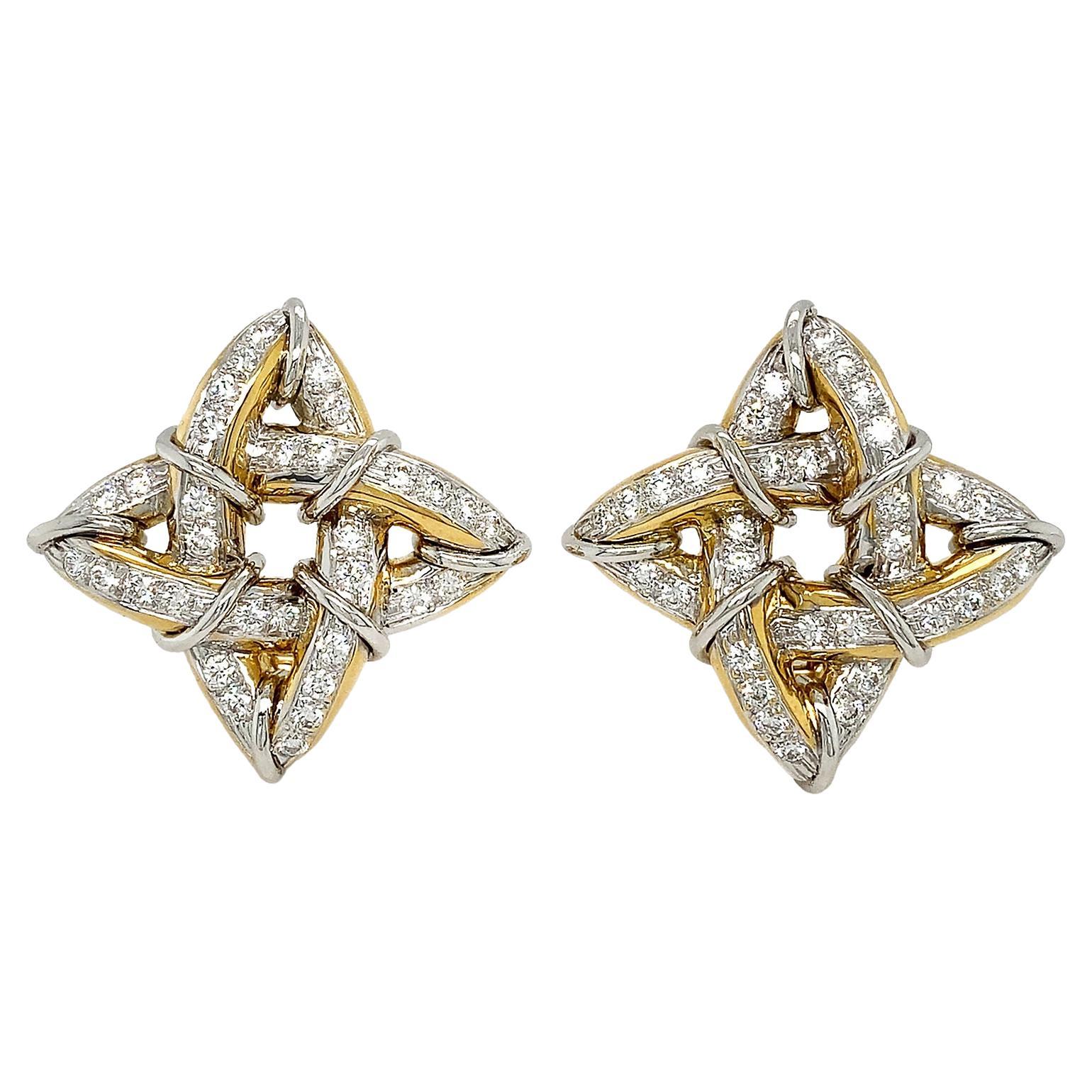 Gothic Diamond Platinum and 18K Yellow Gold Earrings