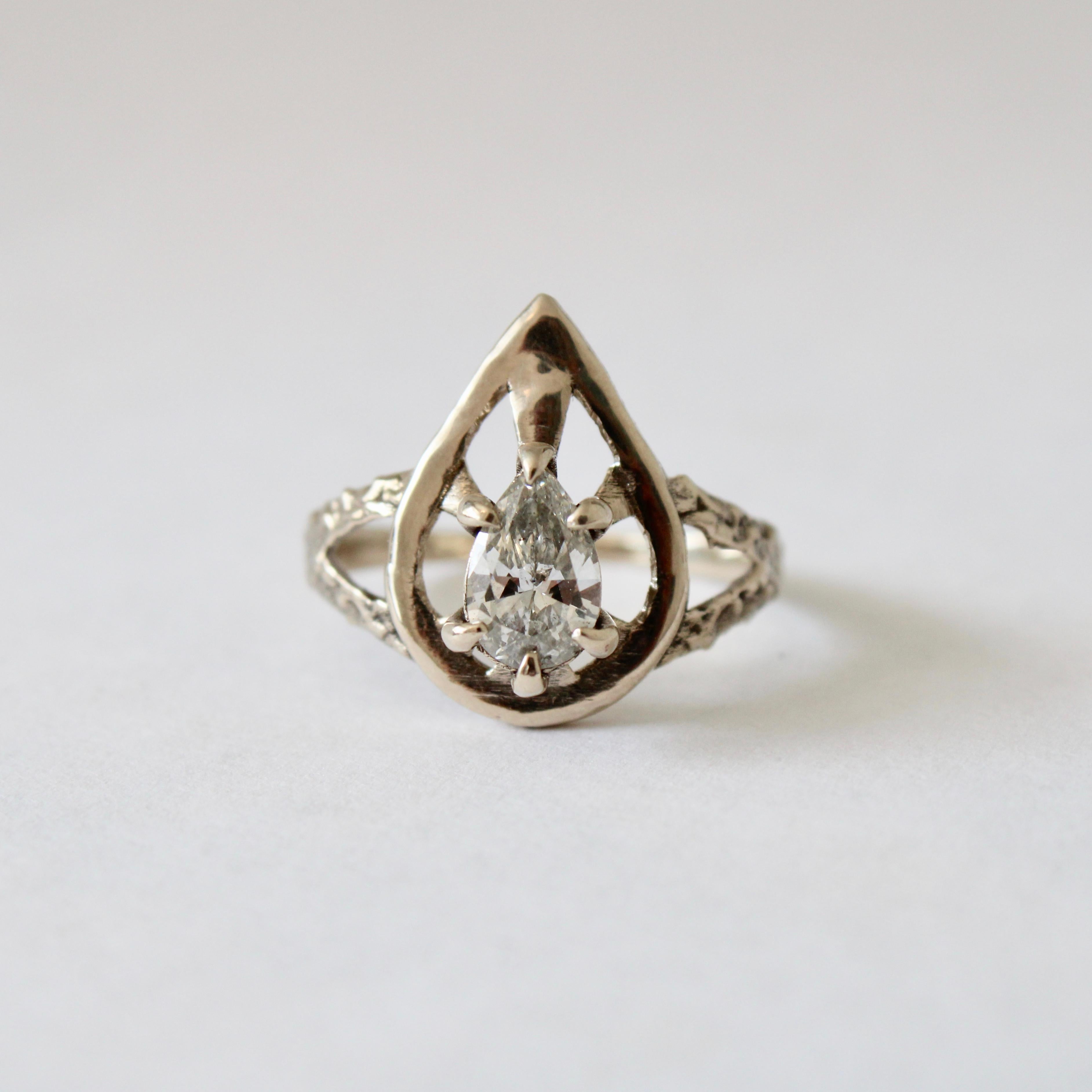 Modern Gothic Diamond Pear Ring in 14 Karat White Gold For Sale