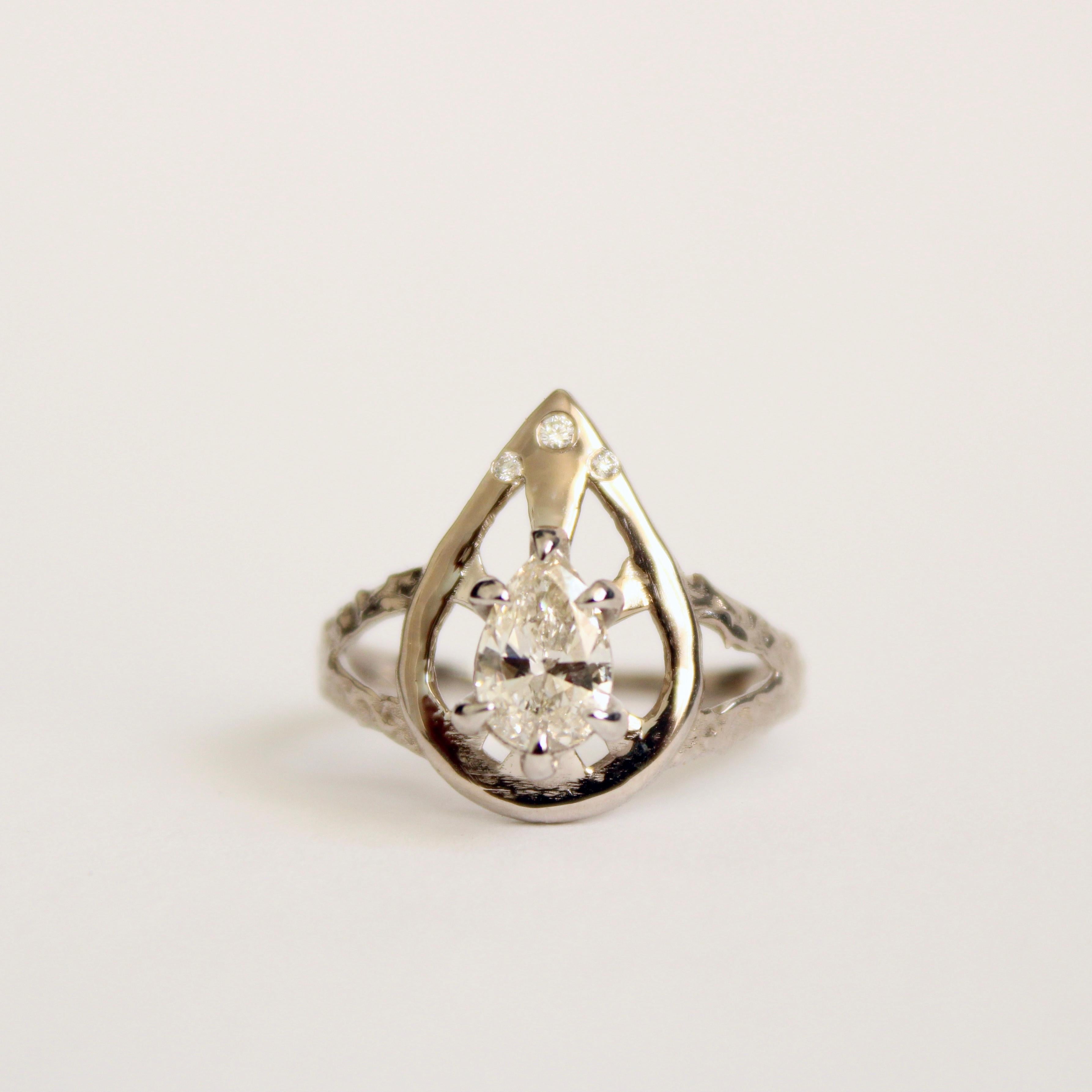 Pear Cut Gothic Diamond Pear Ring in 14 Karat White Gold For Sale