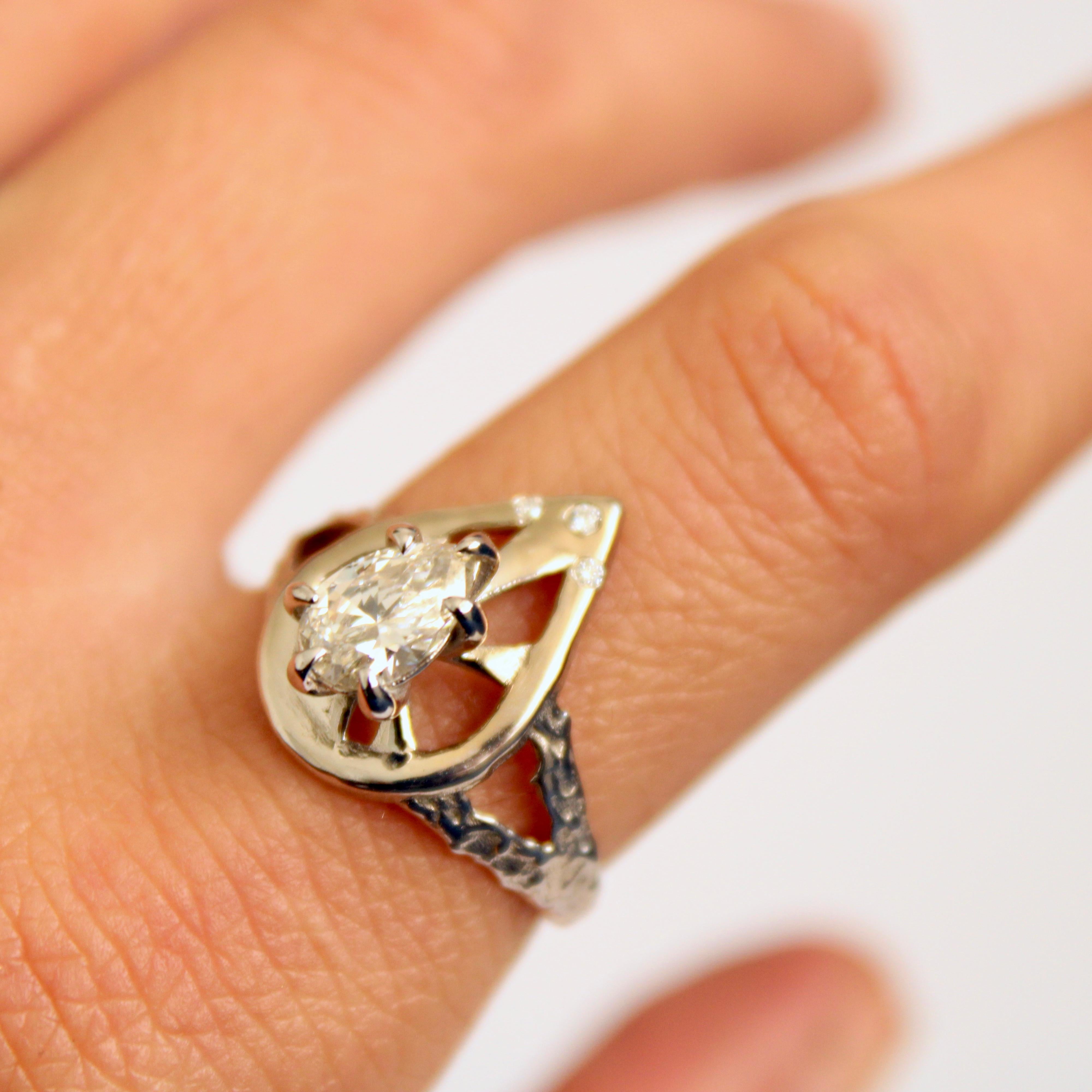 Women's or Men's Gothic Diamond Pear Ring in 14 Karat White Gold For Sale