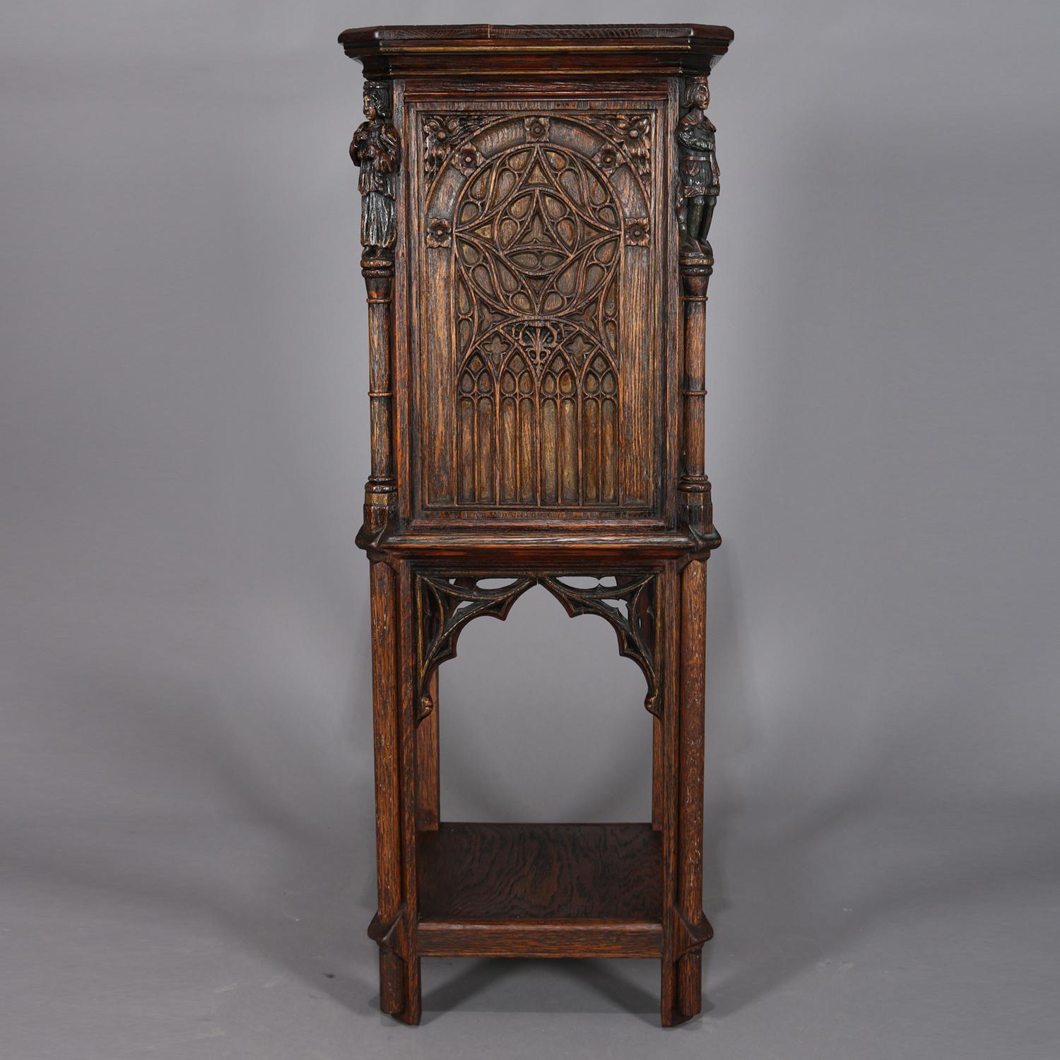 Gothic Figural Carved Oak Polychromed and Gilt Cellarette Cabinet, circa 1880 7