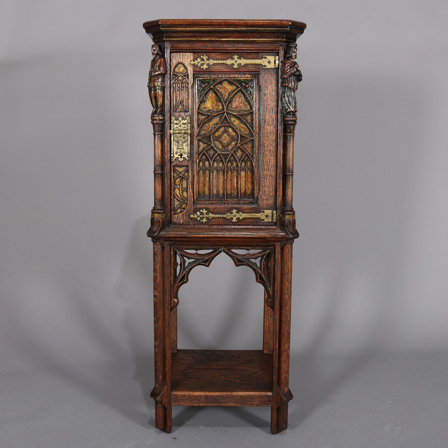 Gothic Figural Carved Oak Polychromed and Gilt Cellarette Cabinet, circa 1880 In Good Condition In Big Flats, NY