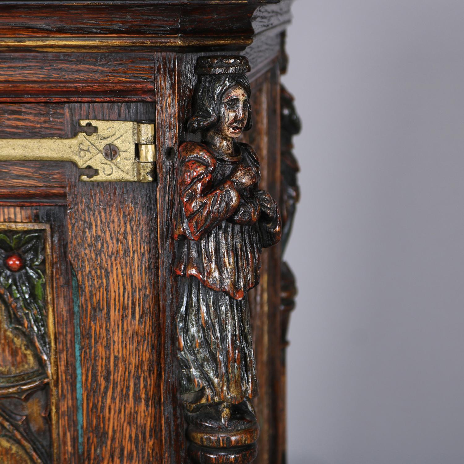 19th Century Gothic Figural Carved Oak Polychromed and Gilt Cellarette Cabinet, circa 1880